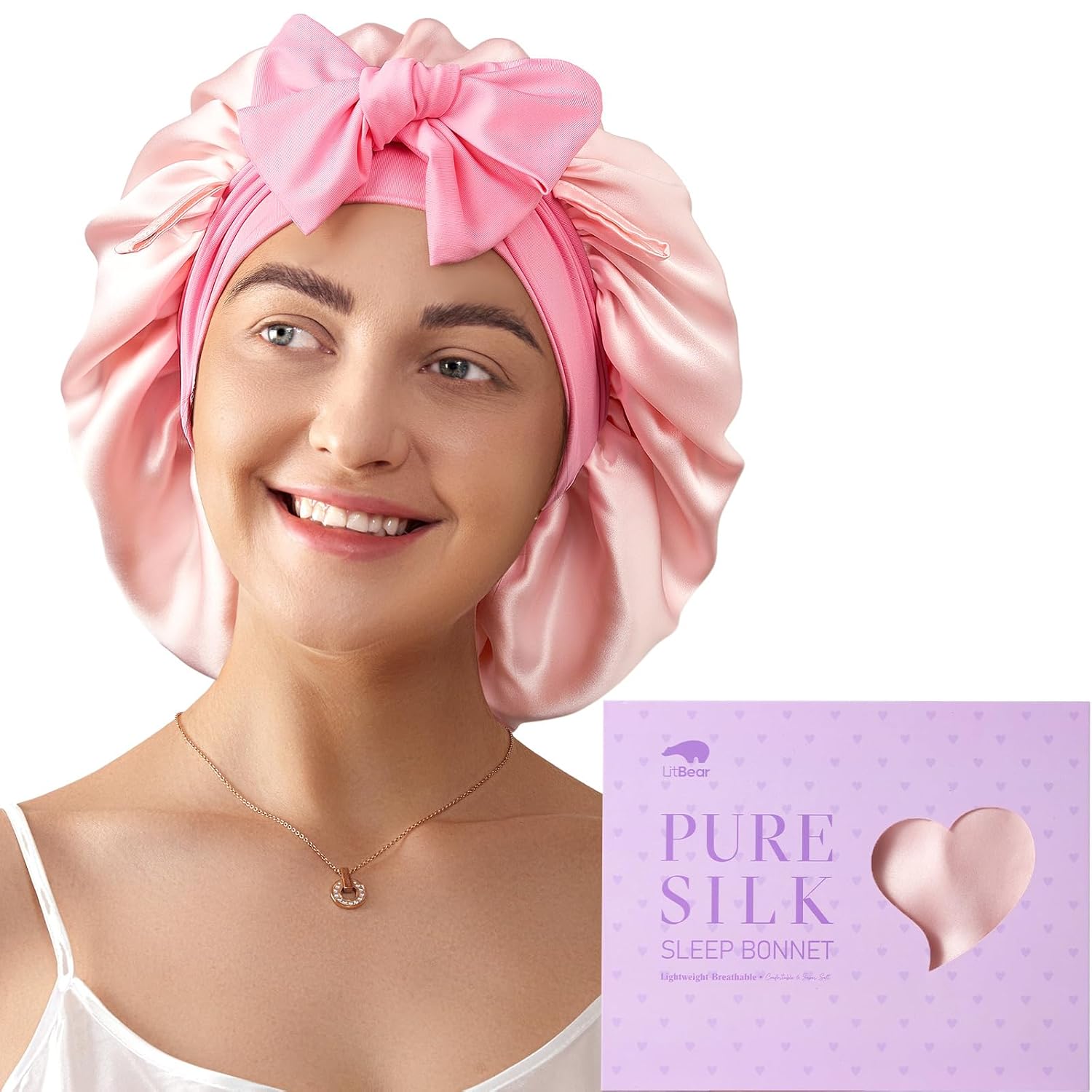 LitBear 100% Mulberry Silk Sleep Cap for Women, 6A 22 Momme, Large Double Layer Silk Hood with Elastic Band for Tying Non-Slip Silk Turban, Pink and Light Pink