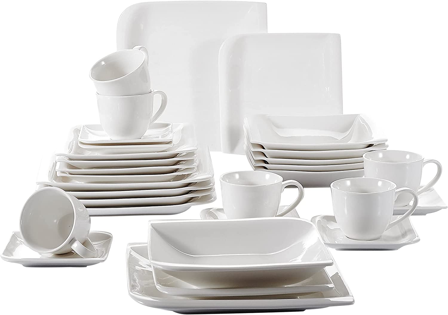 Vancasso Yolanda 30-Piece Porcelain Crockery Set, Dinner Service for 6 People, White