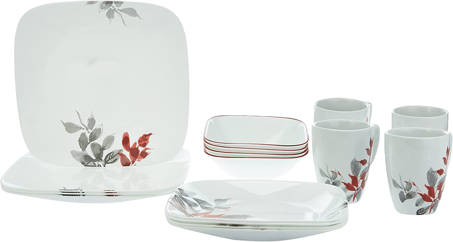 Corelle Boutique Square Kyoto Leaves 16 Piece Dinner Set for 4