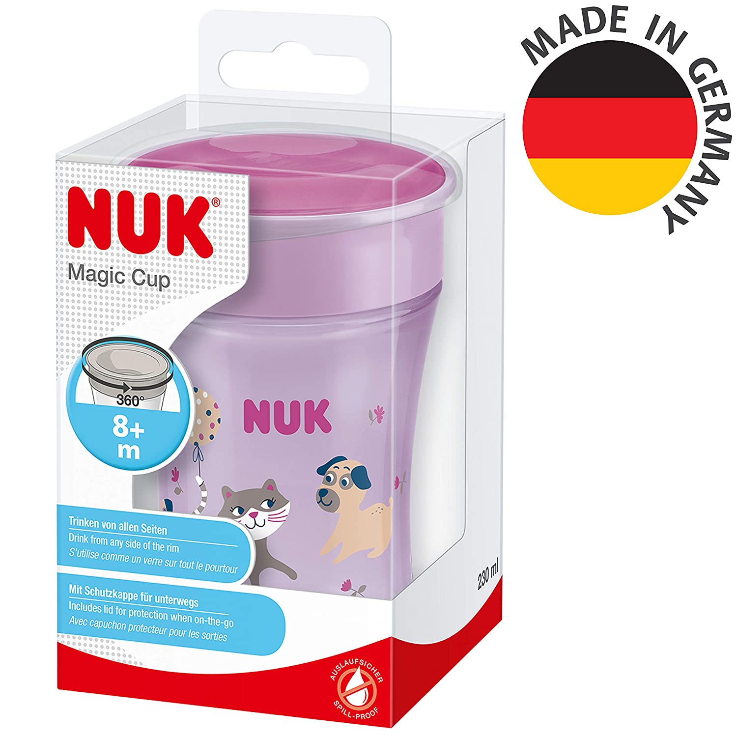 NUK Magic Cup learning cup | leak-proof 360 ° drinking rim | 8+ months | BPA free | 230 ml | Dog / cat (purple)
