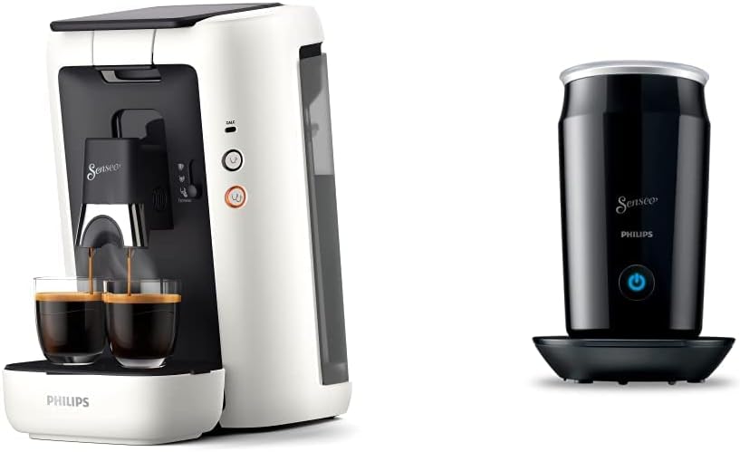 Philips Domestic Appliances Senseo Maestro Coffee Pod Machine With Coffee Strength Selection and Memo Function, 1.2 L, Color: White (CSA260/10) & Philips Senseo® Milk Twister, 500 Watt, 0.12 L Black (CA6500/60)