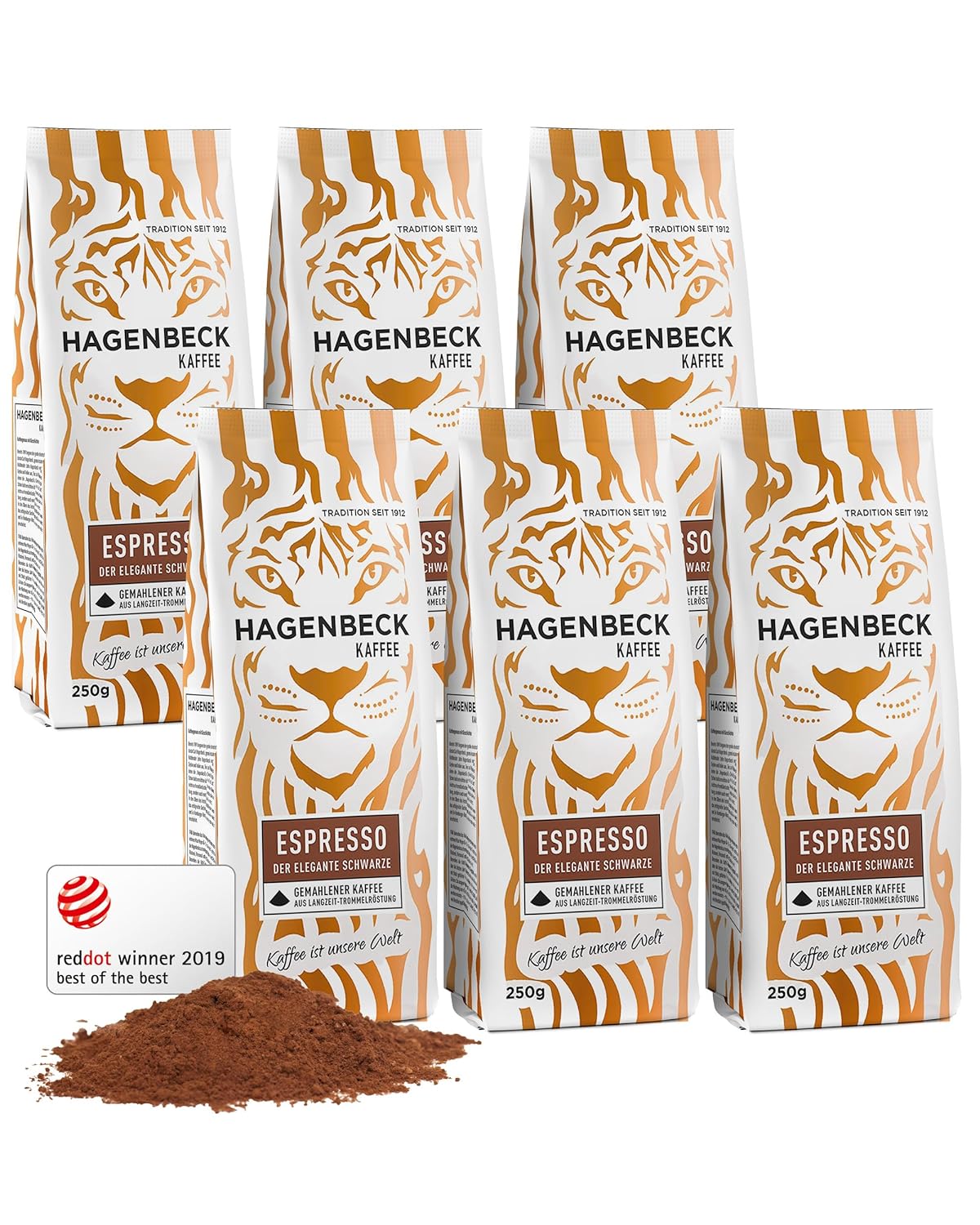 Hagenbeck Espresso 6x250g (1,5kg) | Ground coffee from traditional roasting | Strong, spicy taste with a soft chocolaty note | Ground Coffee Beans | Ideal for fully automatic coffee machines