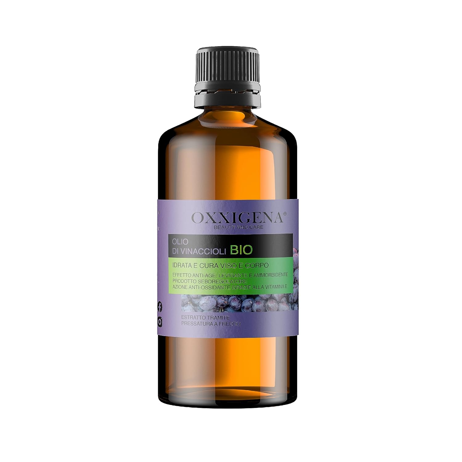 Oxxigena - 100% Pure Organic Grape Seed Oil, 500 ml Pack, Oil with Antioxidant Effect, Ideal for Firming, Toning and Anti-Ageing Effect for the Skin