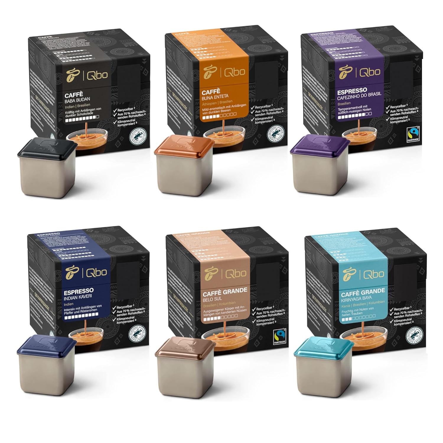 Tchibo Qbo Tasting Set Caffè & Espresso Around the World Premium Coffee Capsules 48 Pieces, 6 Varieties with 8 Capsules in Cube Shape, Flavour Sealed, Climate Neutral Compensated, Coffee Enjoyment at
