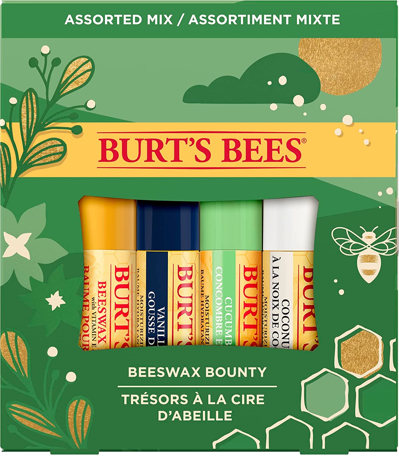 Burt\'s Bees Lip Balm Multipack | Beeswax and Vitamin E Gift Set | 100% Natural Origin | Beeswax, Vanilla Bean, Cucumber Mint, Coconut and Pear | 4 x 4.25g, ‎multi-coloured