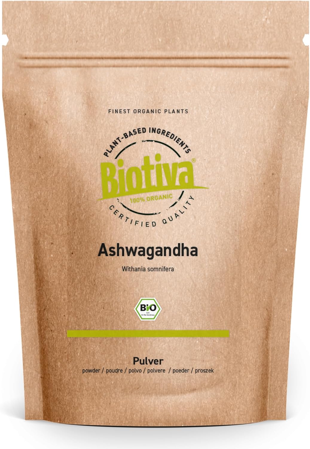Biotiva Ashwagandha Organic Powder 500 g - Ashwaganda Root Powder - Sleep Berry - Ayurveda - Indian Ginseng - in Resealable Zip Bag - Bottled and Controlled in Germany