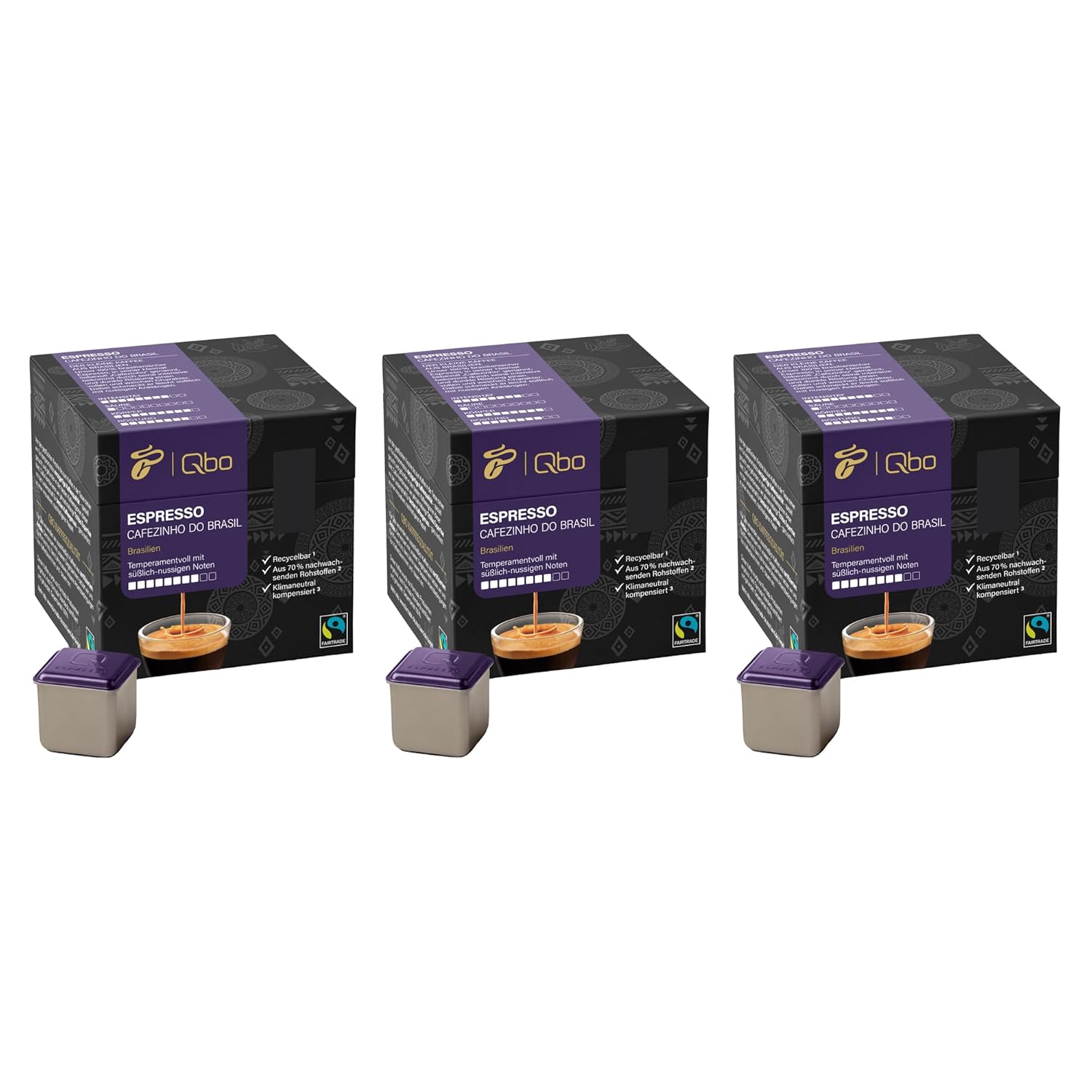 Tchibo Qbo Espresso Cafezinho do Brasil Premium Coffee Capsules, Pack of 81 - 3 x 27 Capsules (Espresso, Intensity 8/10, Spirited & Nutty), Sustainable, Made from 70% Renewable Raw Materials