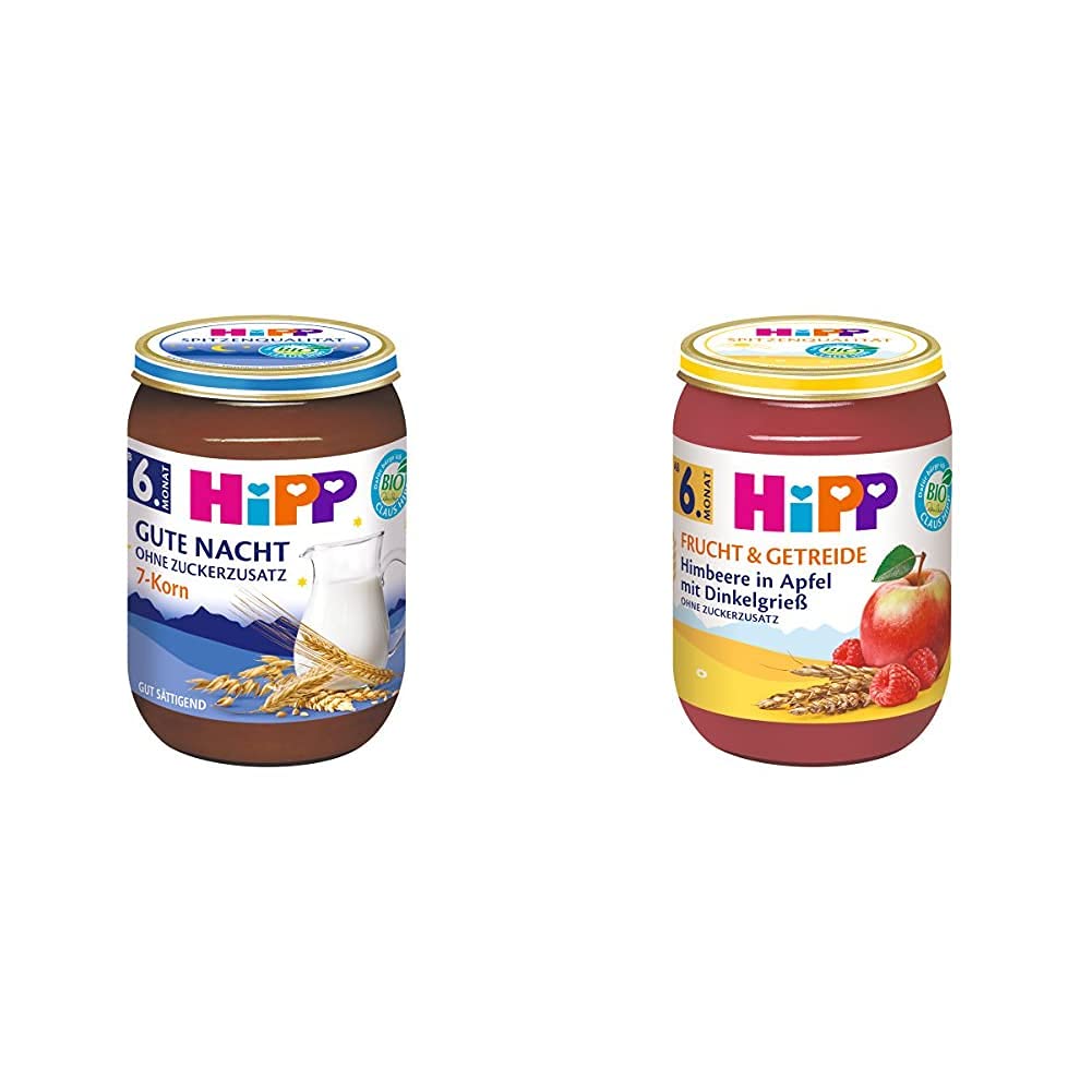 HiPP 7-Korn, 6er Pack (6 x 190 g) & Frucht & Getreide, Himbeere in Apfel mit Dinkelgrieß, 6er Pack (6 x 190 g)