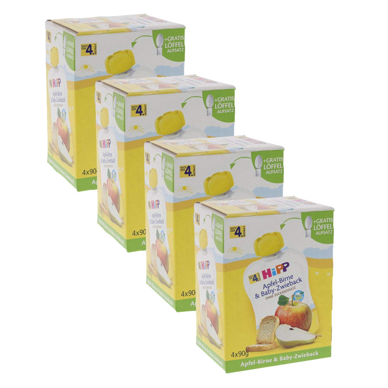 HiPP Quetschbeutel für Babys, Frucht und Getreide, Apfel-Birne mit Baby-Zwieback, 100% Bio-Früchte ohne Zuckerzusatz, 4 x 4 Beutel à 90 g