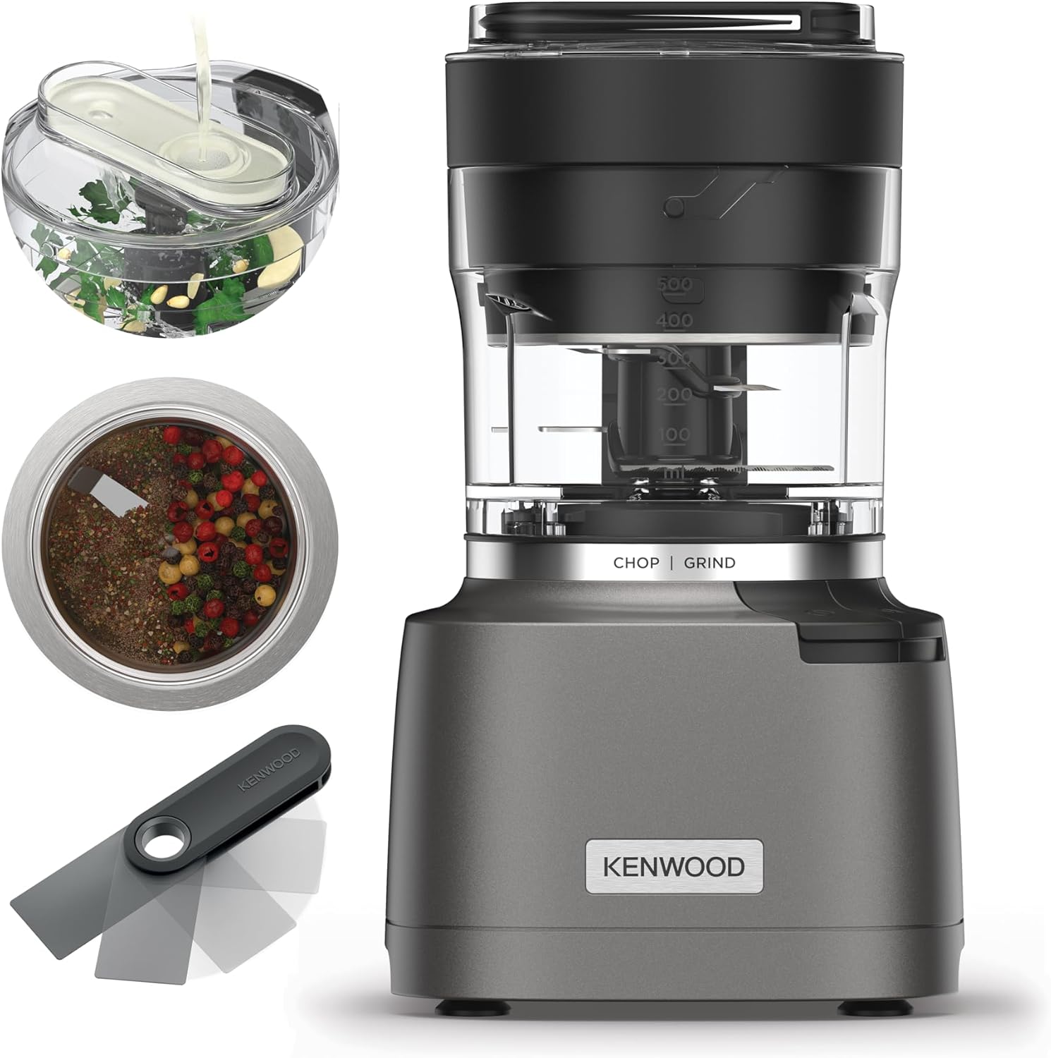 Kenwood Duo Prep 2-in-1 CHP80.000SI Multi Chopper & Grinder, Quadblade Blades, High Speed ​​Grinder, Compact, Pulse Function, Non-Slip, 500 ml Container, Dishwasher Safe, 800 W, Silver