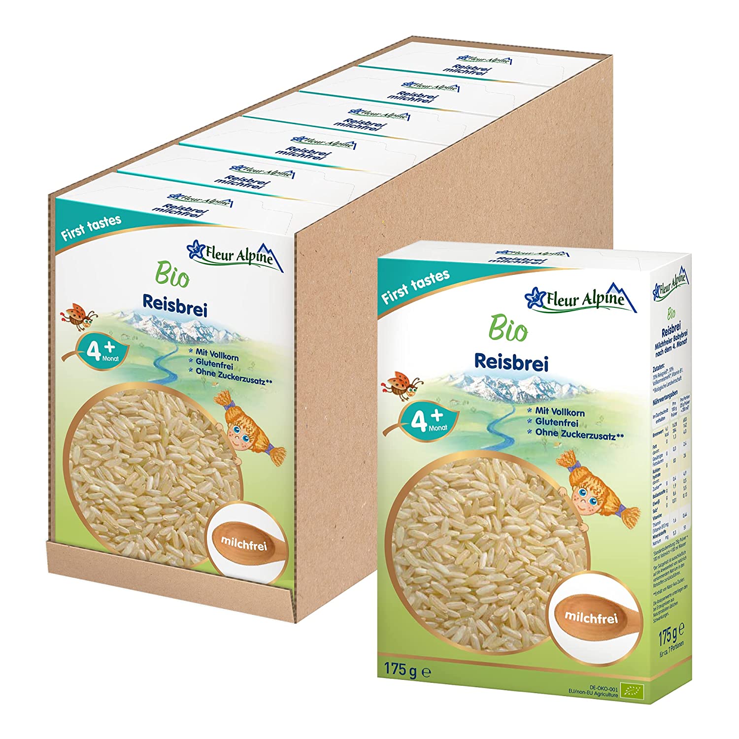 FLEUR ALPINE Bio Reis Baby-Müsli, 6 Stück – leckerer Babybrei für köstlich glatte Frühstücksmahlzeiten, nahrhafter, sofortiger glutenfreier Brei, ab 4 Monaten ohne Zuckerzusatz | 6 x 7 Portionen