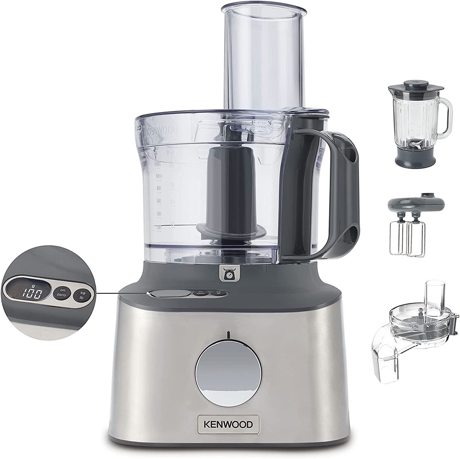 Kenwood Multipro Compact FDM315SS Compact Food Processor, Integrated Scale, Exclusive to Amazon, Kitchen Appliance with 2.1 L Work Container, Glass Mixing Attachment, Cube Cutter, Metal Housing, 800 W, Silver