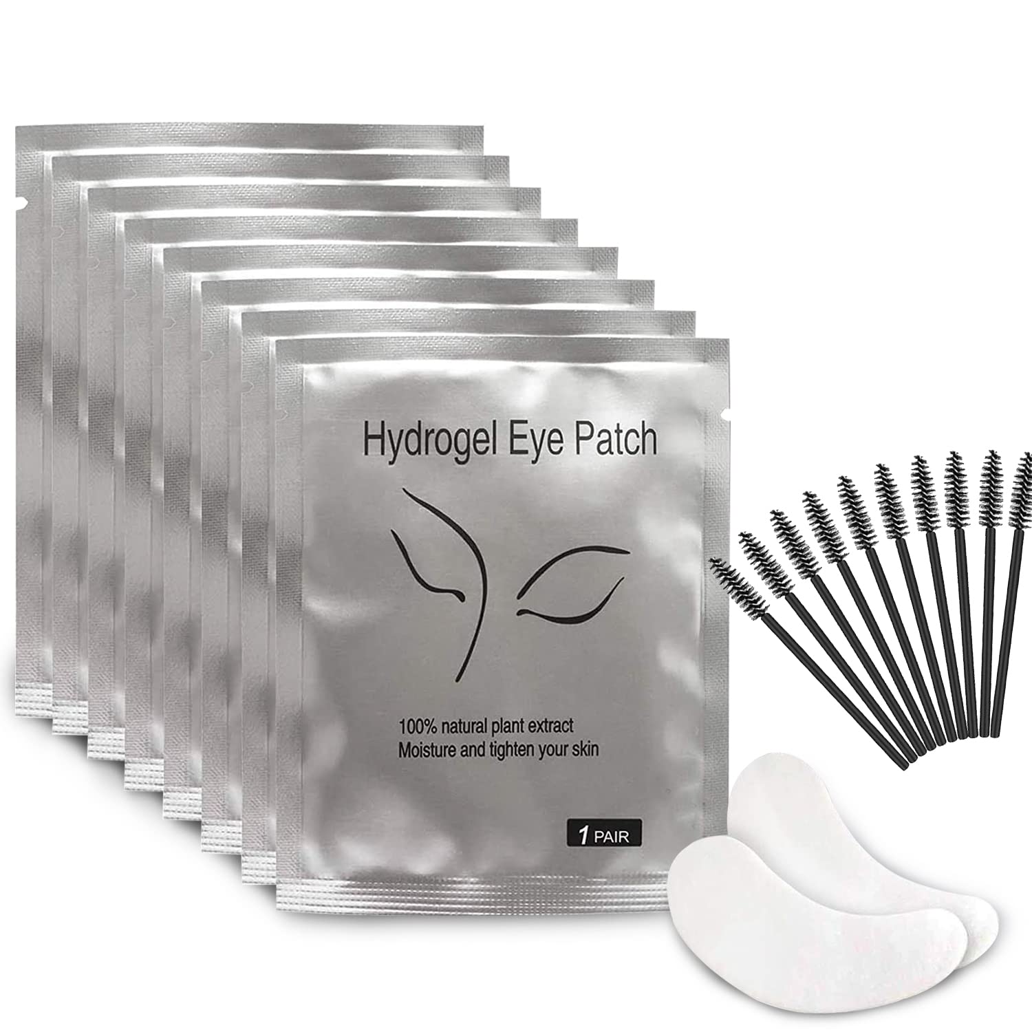 Baagialdic Augenpads für Wimpernverlängerung, 50 Paar Fusselfrei Augen Gel Extensions Patch Hydrogel Augenpads und 10 Pcs Wimpernbürste für Pro Salon Individuelle Wimpernverlängerung, ‎silber