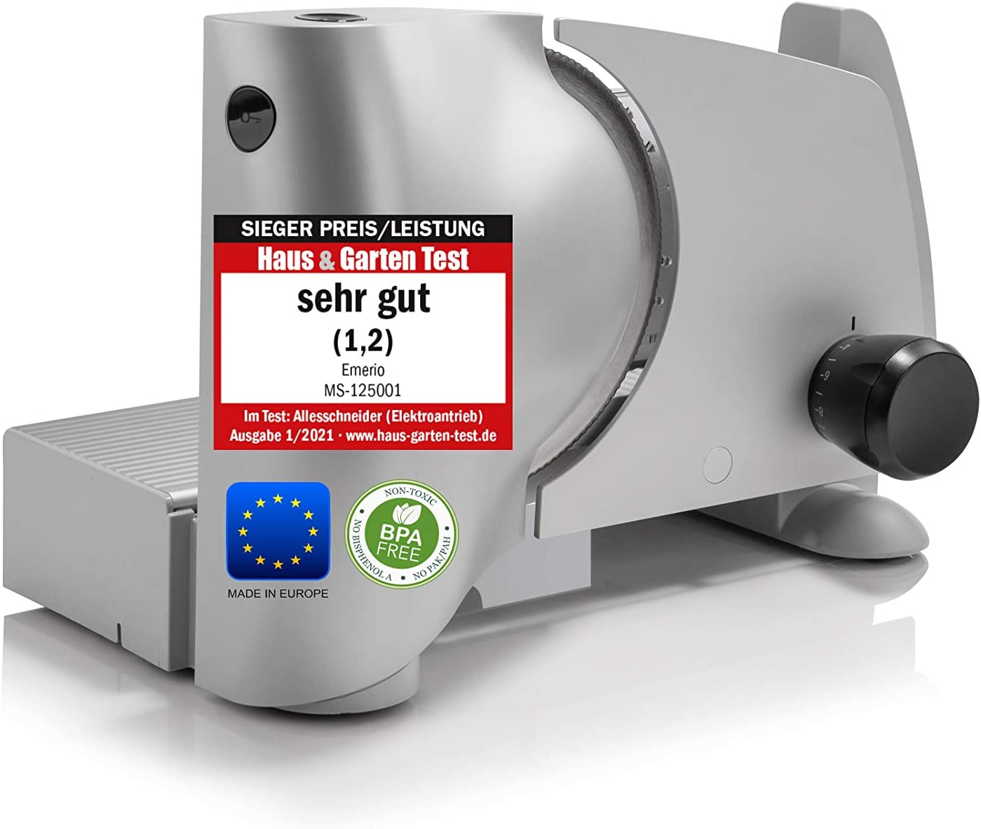 Emerio MS-125001 All-Purpose Cutter Made in the EU Stainless Steel Universal Knife Unit Produced in Germany, Adjustable 0-15 mm, BPA-Free, Metal Housing, with Safety Switch, Eco 110 Watt, Silver
