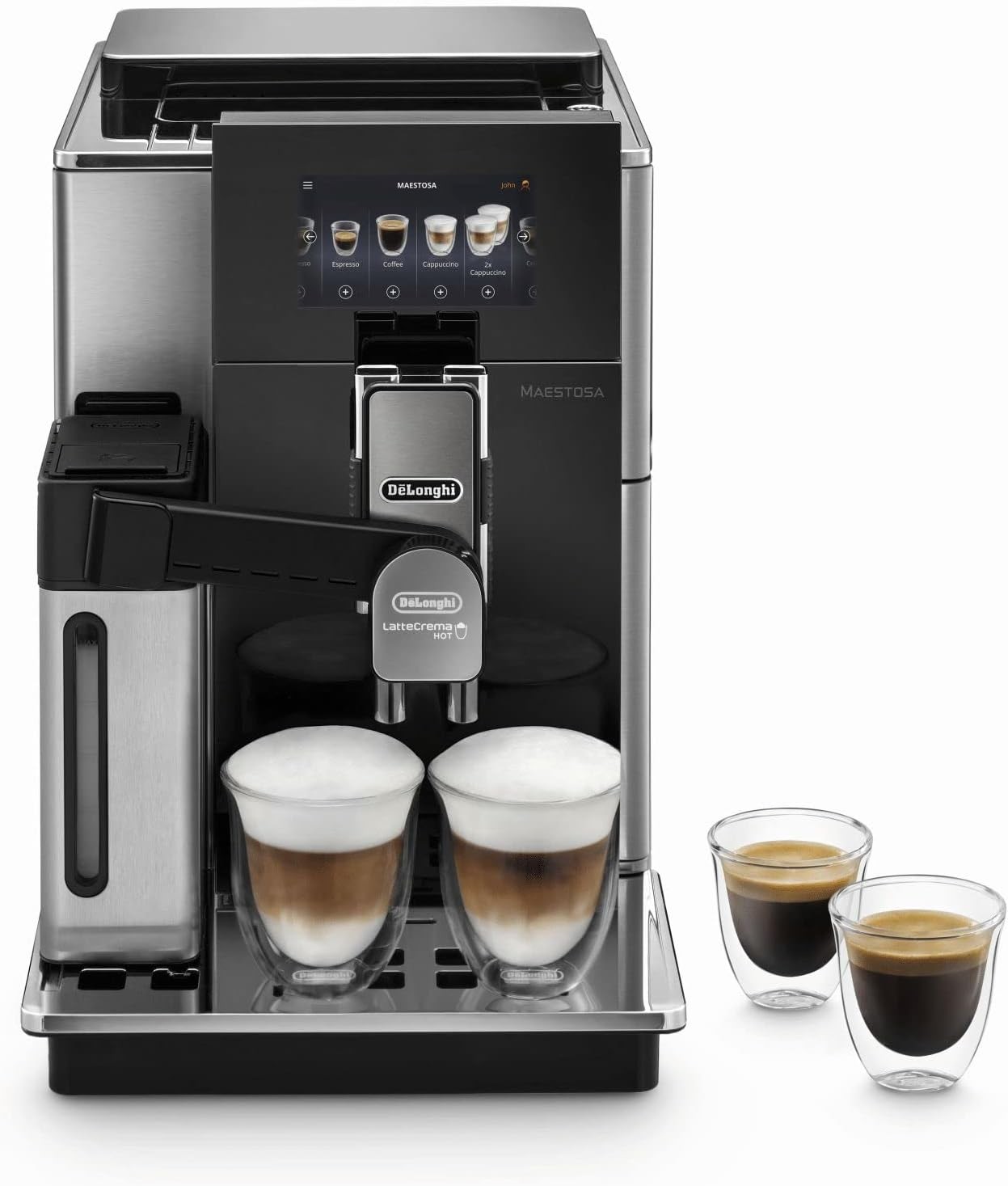 De \ 'Longhi Maestosa Epam960.55.GM Fully automatic coffee machine With 5 inch Color Display, Automatic Milk Foam, 2 Cup Function, 1550 W, Large 2.1 L Water Tank, 29 x 46.8 x 40.5 cm, Black/Silver