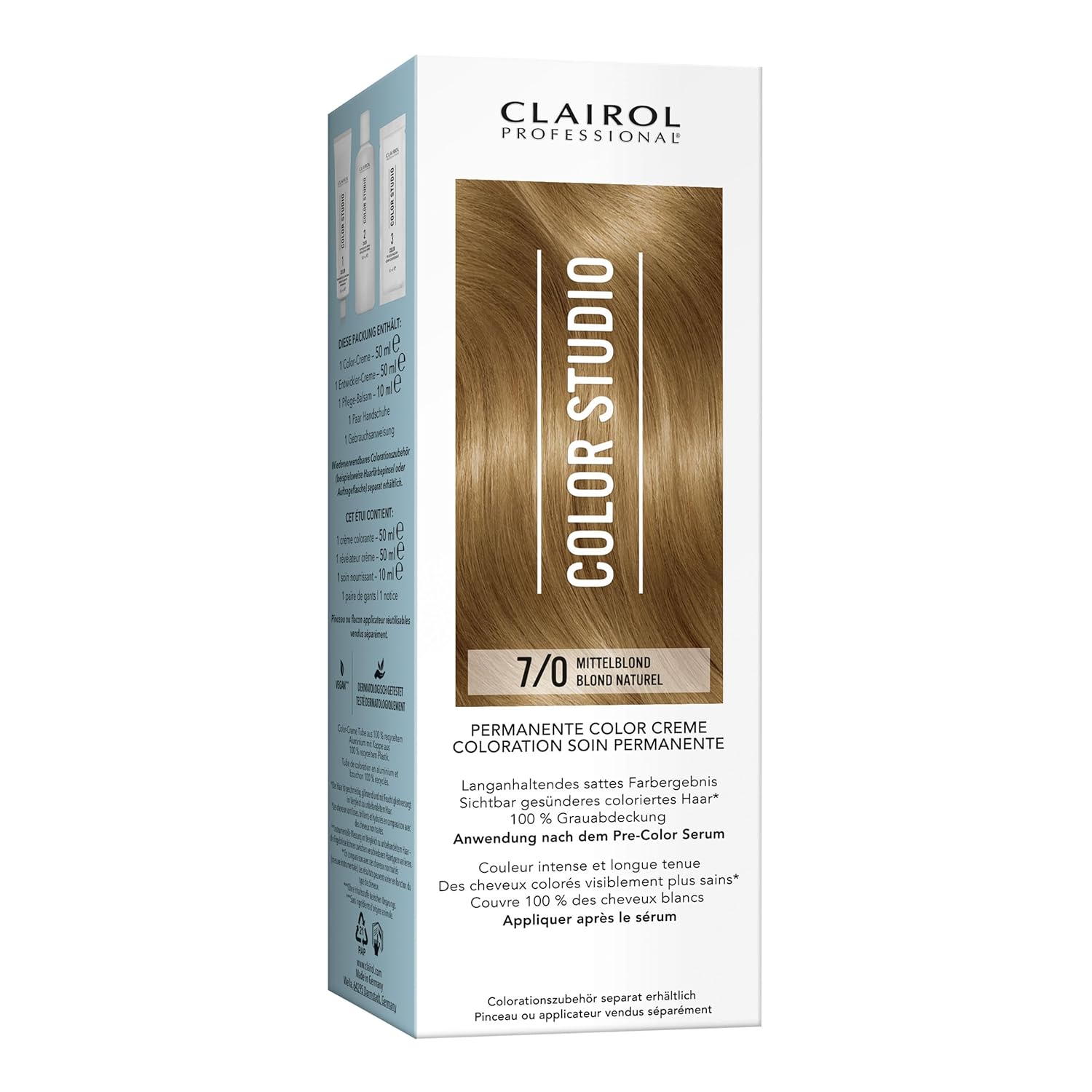 Clairol Professional Color Studio Permanent Hair Color Medium Blonde 7/0 (110ml) - With Metal Purifier for 6x Less Breakage, 10 Weeks Rich Color Result & 100% Gray Coverage - Includes Hair Treatment
