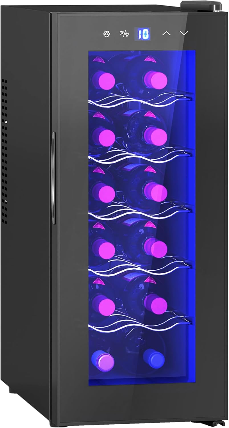 HOMCOM Wine Fridge 12 Bottles 30 L 8-18°C Double Thermoelectric Bottle Fridge with Glass Door, Drinks Fridge with LED Light, Small Wine Cabinet with Touch Screen, Black
