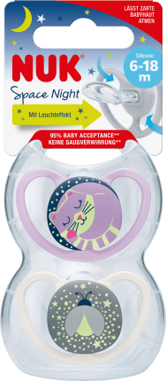 NUK Pacifier Space Night Silicone, purple/white, Gr.2, 6-18 Months, 2 Pcs