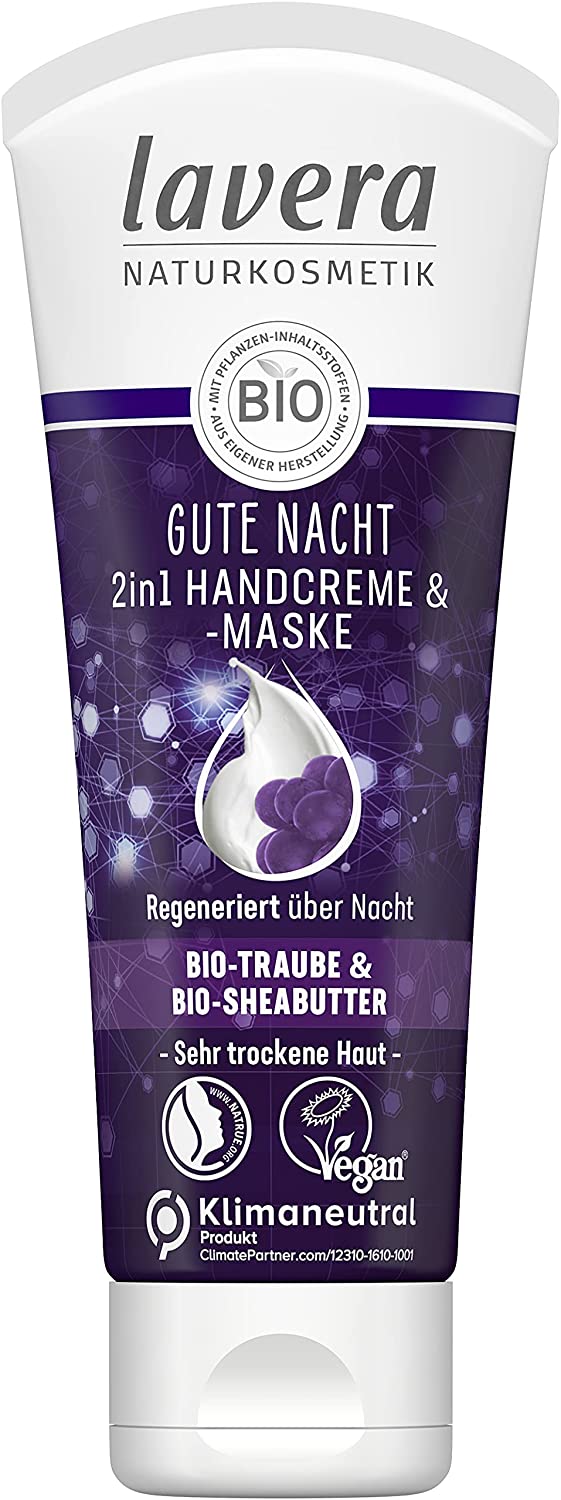 lavera Gute Night 2-in-1 Hand Cream & Mask - Certified Natural Cosmetics - Vegan - Organic Grape & Organic Shea Butter - 75 ml, ‎white
