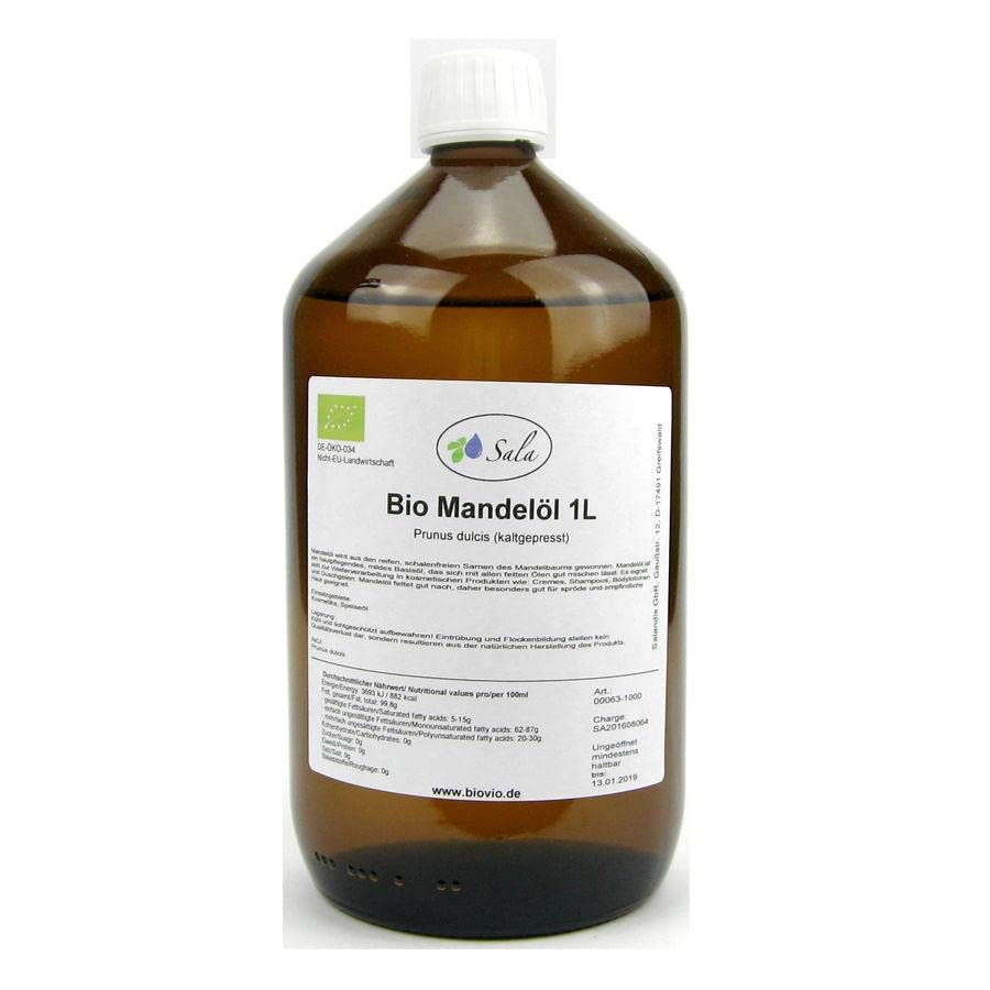 Sala Almond Oil Cold Pressed Organic 1000 ml (1 Litre Glass Bottle)