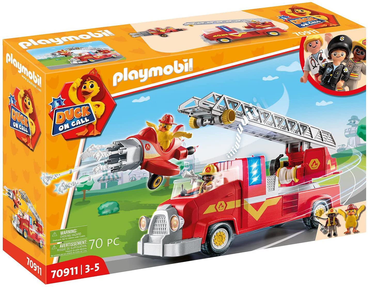 PLAYMOBIL Duck On Call 70911 Fire Brigade Truck with Helicopter, Light and Sound, Toy for Children from 3 Years