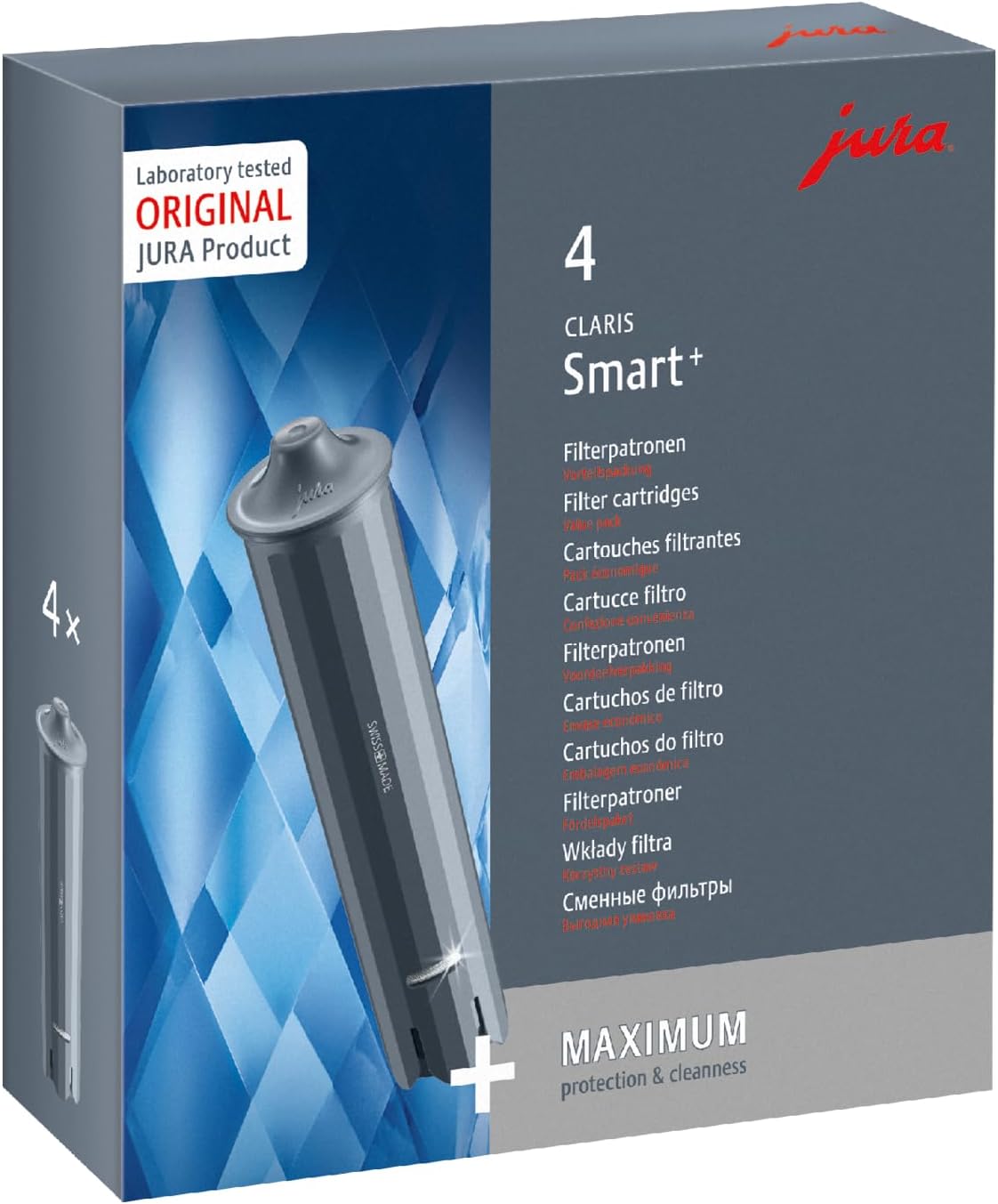 JURA Original - Claris Smart+ Filter Cartridge with Automatic Filter Detection - TÜV-Certified Hygiene - Pack of 4 - 25066