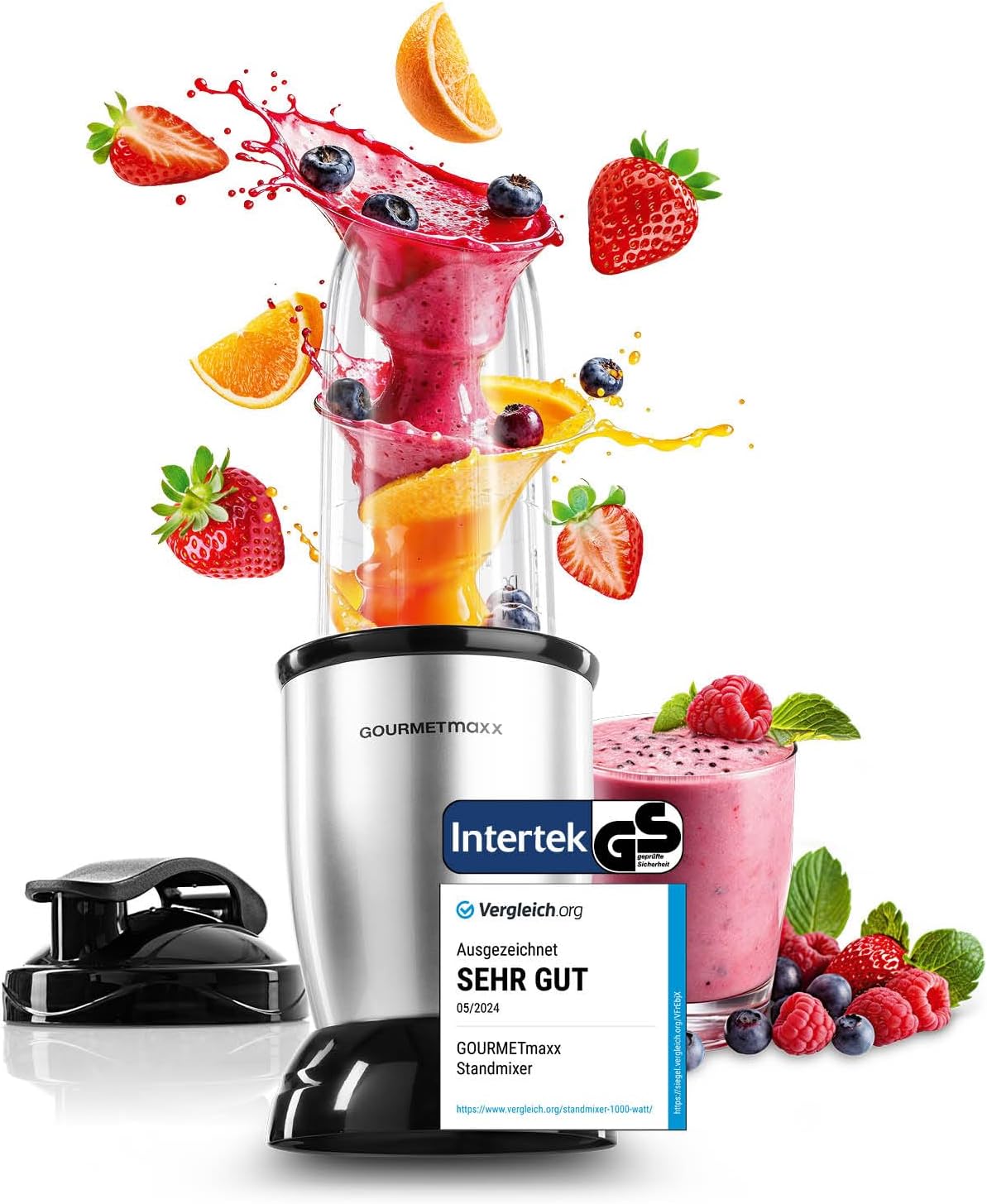GOURMETmaxx Smoothie Maker 700 ml Mini Stand Mixer for Smoothies, Cocktails and More - With Practical To-Go Attachment | Ideal as Chopper, Nutrition Mixer & for Puréeing | 4 Pieces [Silver]