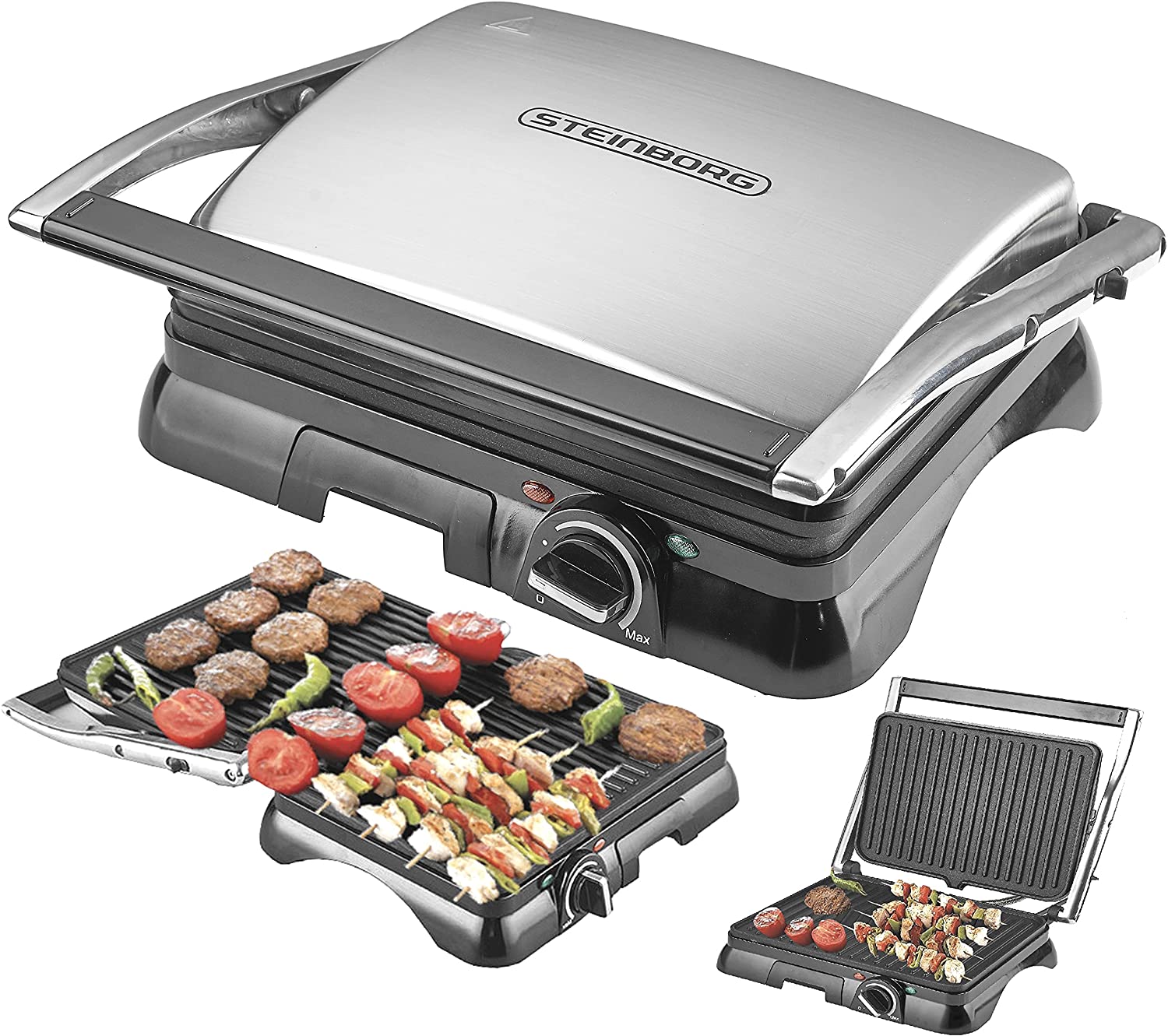 Steinborg Contact Grill, 2,100 Watt, Electric Table Grill, Electric Grill, Panini Grill, Sandwich Toaster, Non-Stick Coating, Thermostat, Cool Touch Technology, Grease Drip Tray
