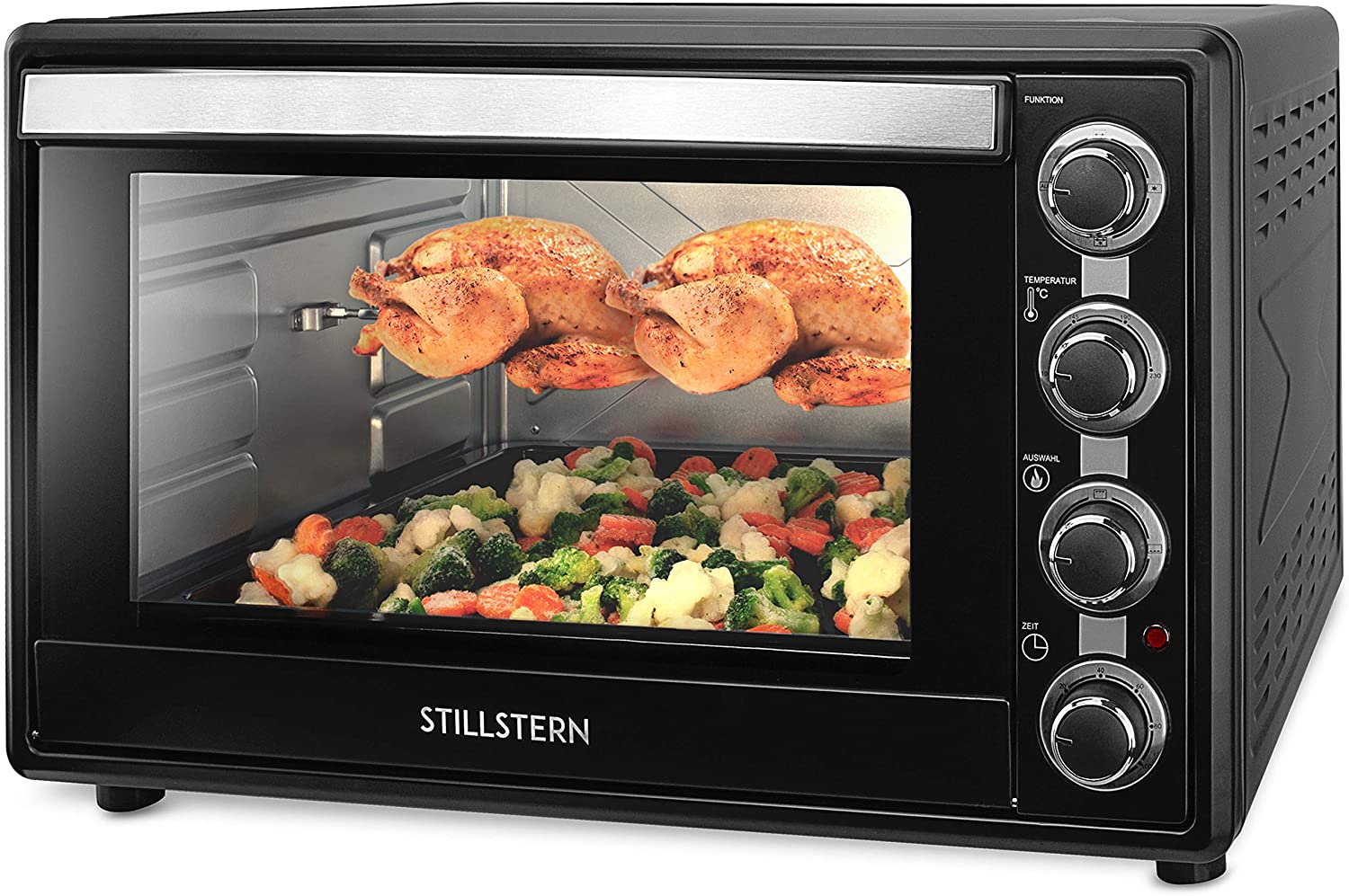 Stillstern Mini Oven with Circulation (60 L) German Version, 2 x Baking Tray, Oven Gloves, Recipe Booklet, Rotisser, Timer, Interior Lighting, 2200 W, Toaster Grill, Pizza Oven, Mini Oven, Ideal for Camping