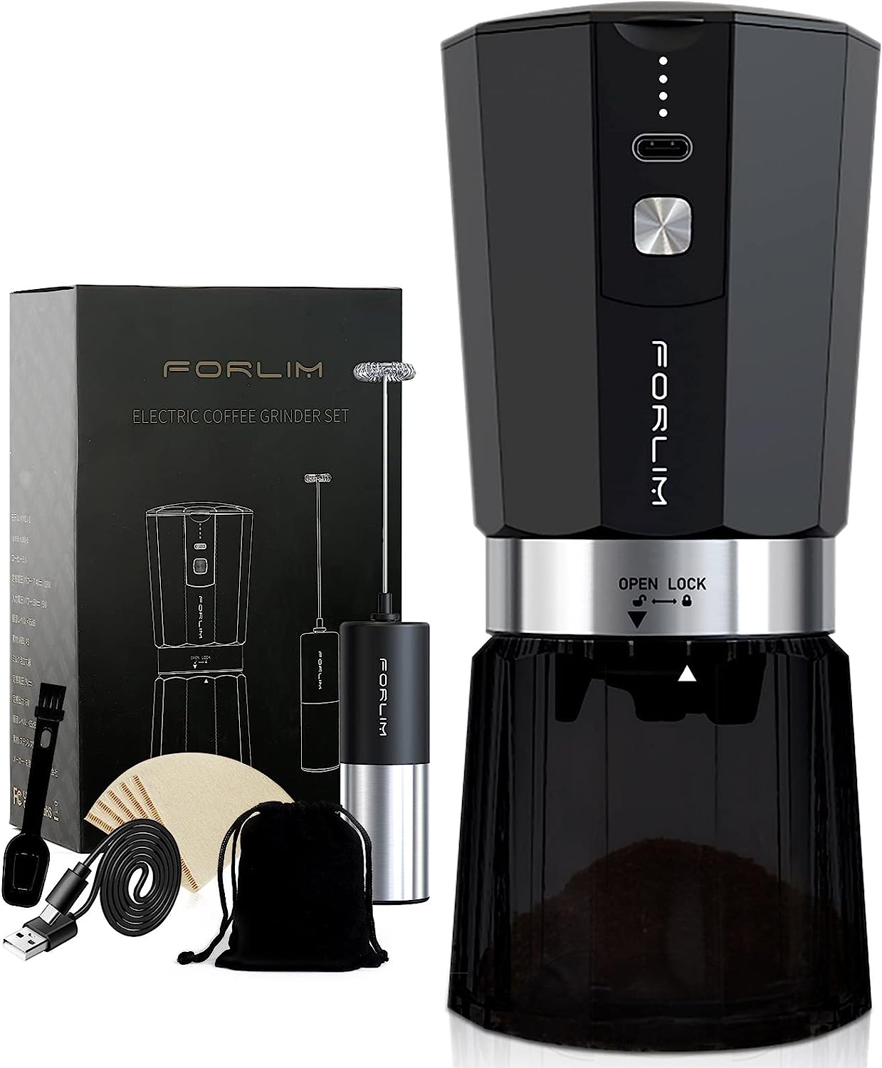 Forlim Wireless Portable Coffee Grinder, Electric Cone Grinder, Small Car Coffee Grinder for Coffee Beans, 2 x 800 MAH Battery, USB Dechargeable, with Multi Grind Settings, 50 g with Travel Bag