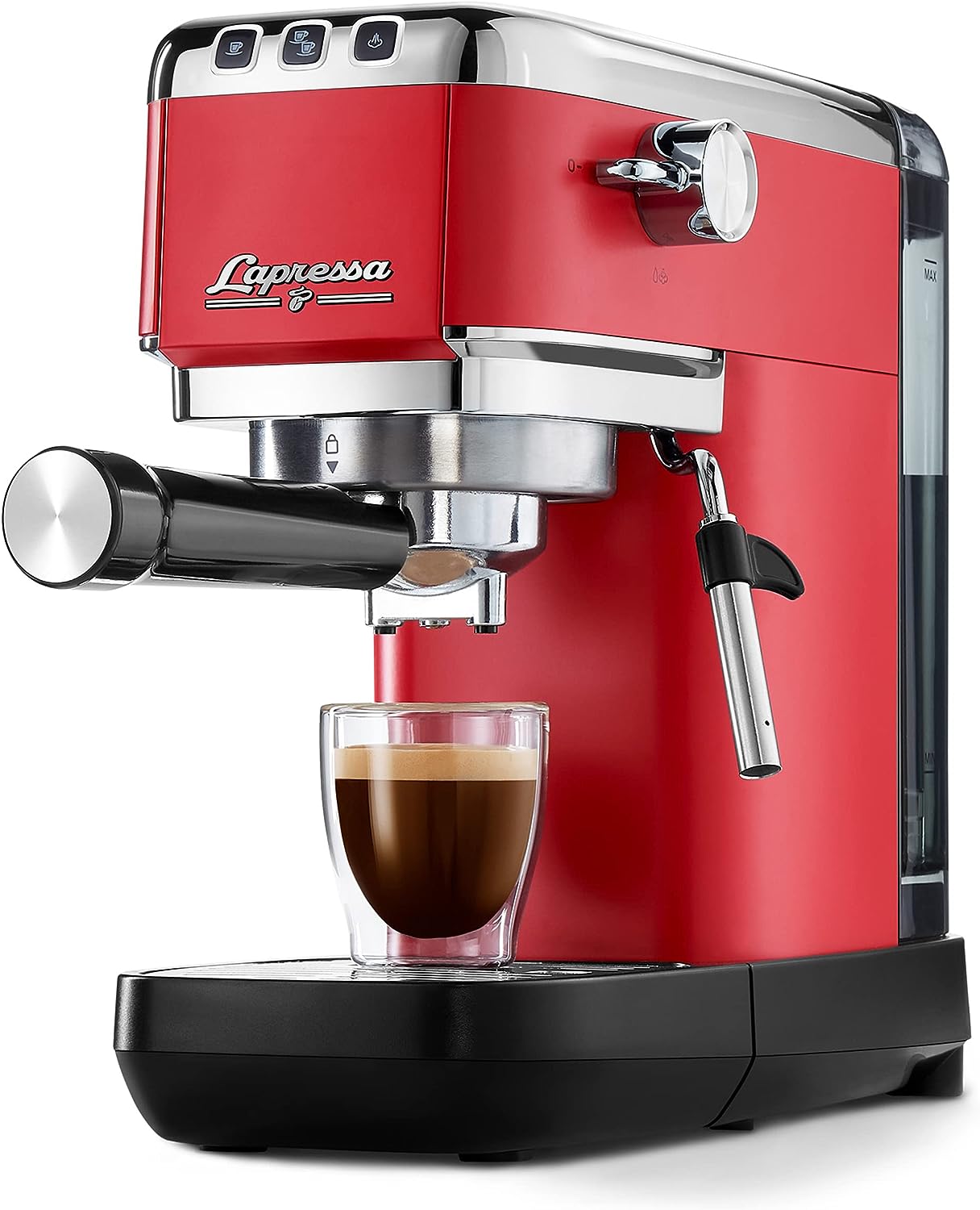 Tchibo Lapressa Portafilter Espresso Machine with Double Spout and Milk Frothing Nozzle (15 Bar, 980 ml Water Tank) Includes Two Double-Walled Sieves for Espresso and Milk Foam Red