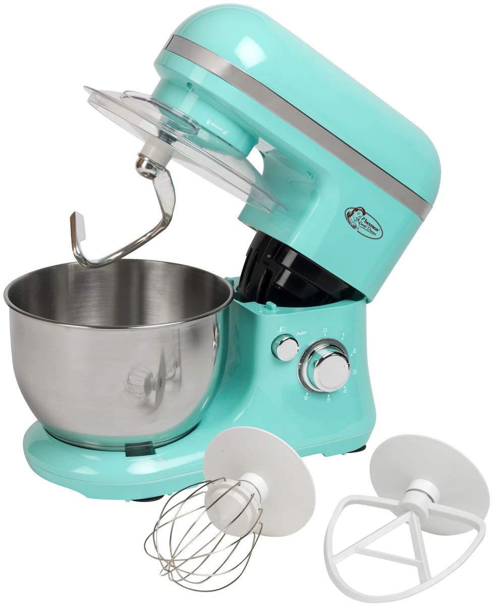 Bestron Retro Design Food Processor with Whisk, Dough Hook and Stirring Arm Sweet Dreams 1000 Watt Mint Green