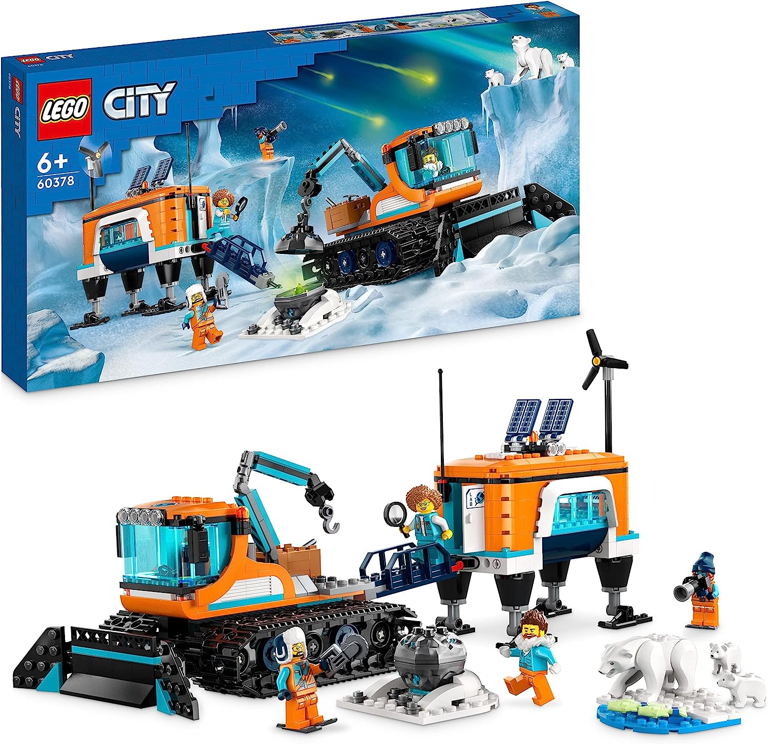 LEGO 60378 City Arctic Snow Plough with Mobile Laboratory, Snow Vehicle Toy for Building, Includes A Toy Crane, Meteorite, 4 Mini Figures and 3 Polar Bear Figures, Children from 6 Years