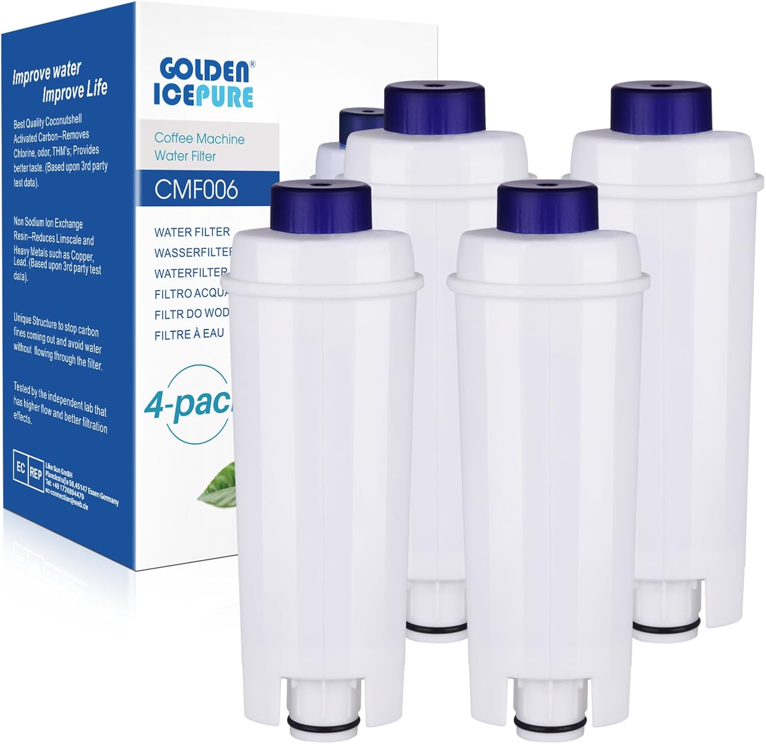 GOLDEN ICEPURE Water Filter Coffee Machine Compatible with De\'Longhi DLSC002, SER3017 & 5513292811, ECAM, ESAM, ETAM, BCO, EC Series, Pack of 4