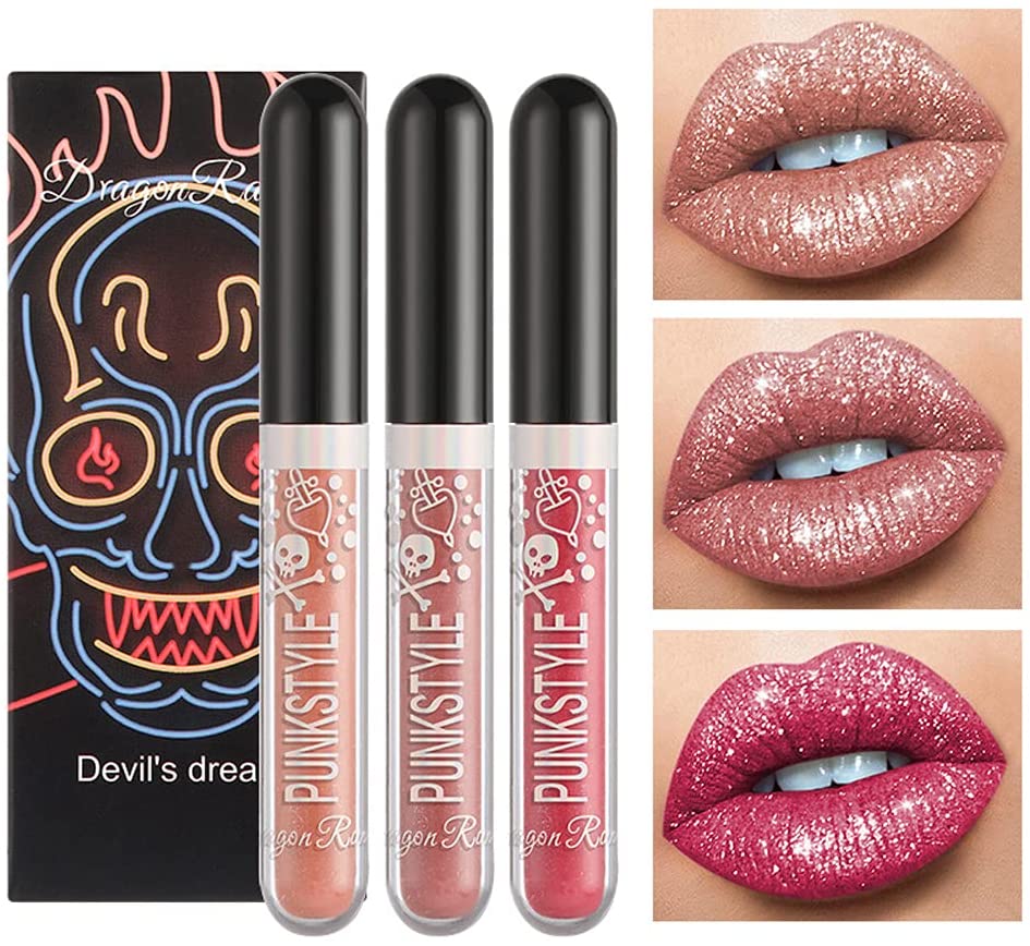 FILWO Set of 3 colours black metallic lip gloss diamond glitter lips make-up gift glitter lip gloss suitable for appointments, offices, shopping or parties, 