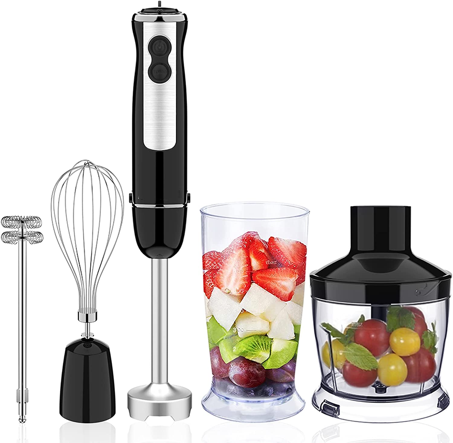 Hand Blender, 400 W Immersion Hand Blender Electric Set 12 Speed 5-in-1 Stainless Steel Hand Blender with Milk Frother, Chopper, Measuring Cup and Whisk, Black