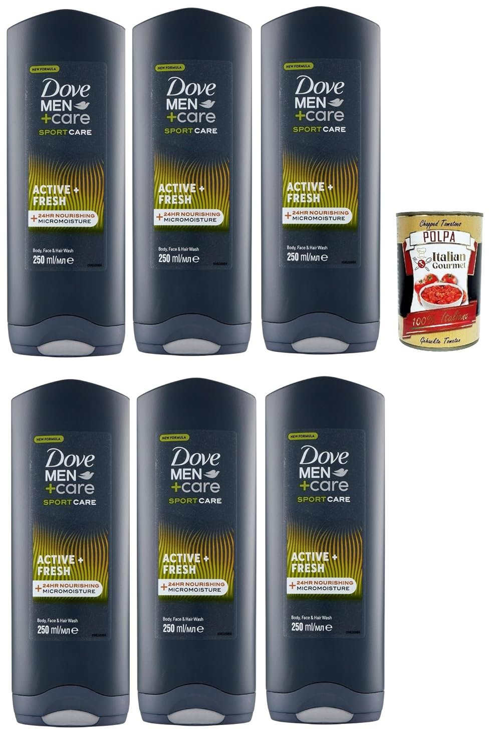 Dove Men+Care Shower Gel 3 in 1, Sport Care Active + Shower Bath for Body, Face and Hair with 24-Hour Care Effect, 6 x 250 ml + Italian Gourmet Polpa 400 g