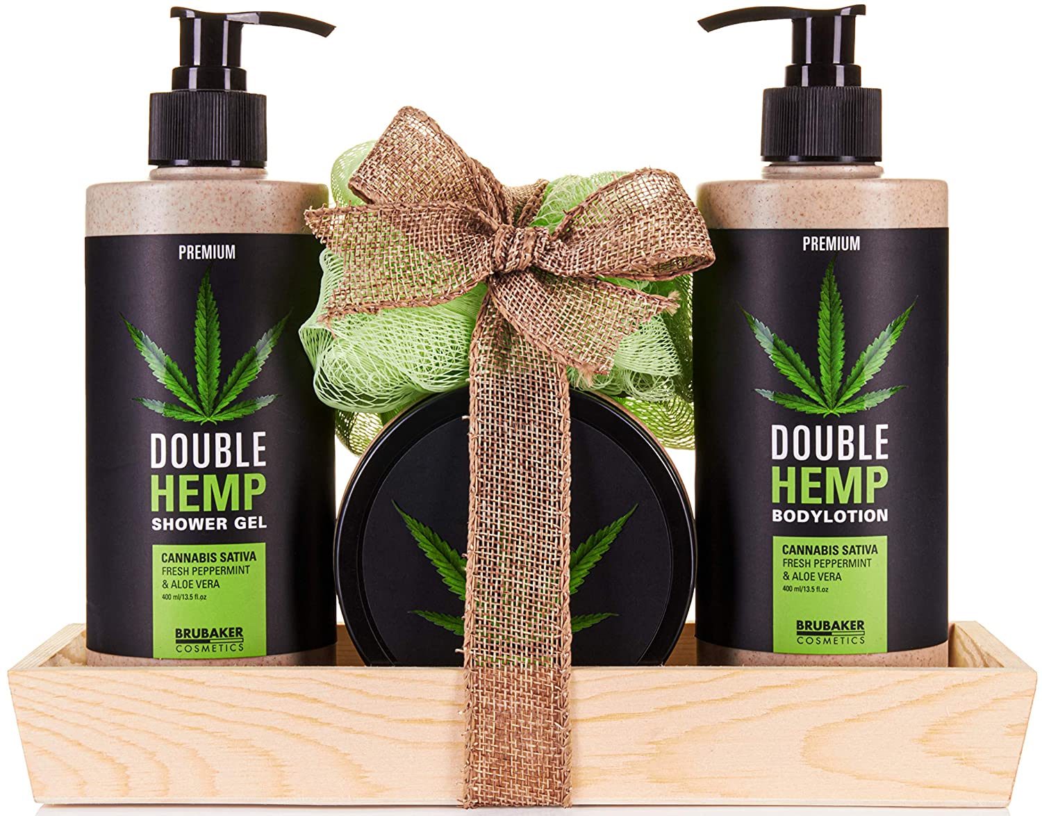 BRUBAKER Cosmetics Hemp Oil Shower and Care Set with Decorative Wooden Tray, Black, ‎grün