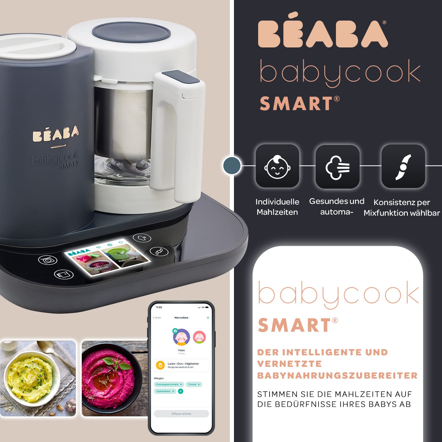 Beaba Béaba, Babycook Smart Cooking Machine for Baby Food, Controllable via App, with Scales, Glass Bowl, Stainless Steel Basket, Capacity 2.25 L, Gentle Steaming and Mixing, Touch Screen, Anthracite