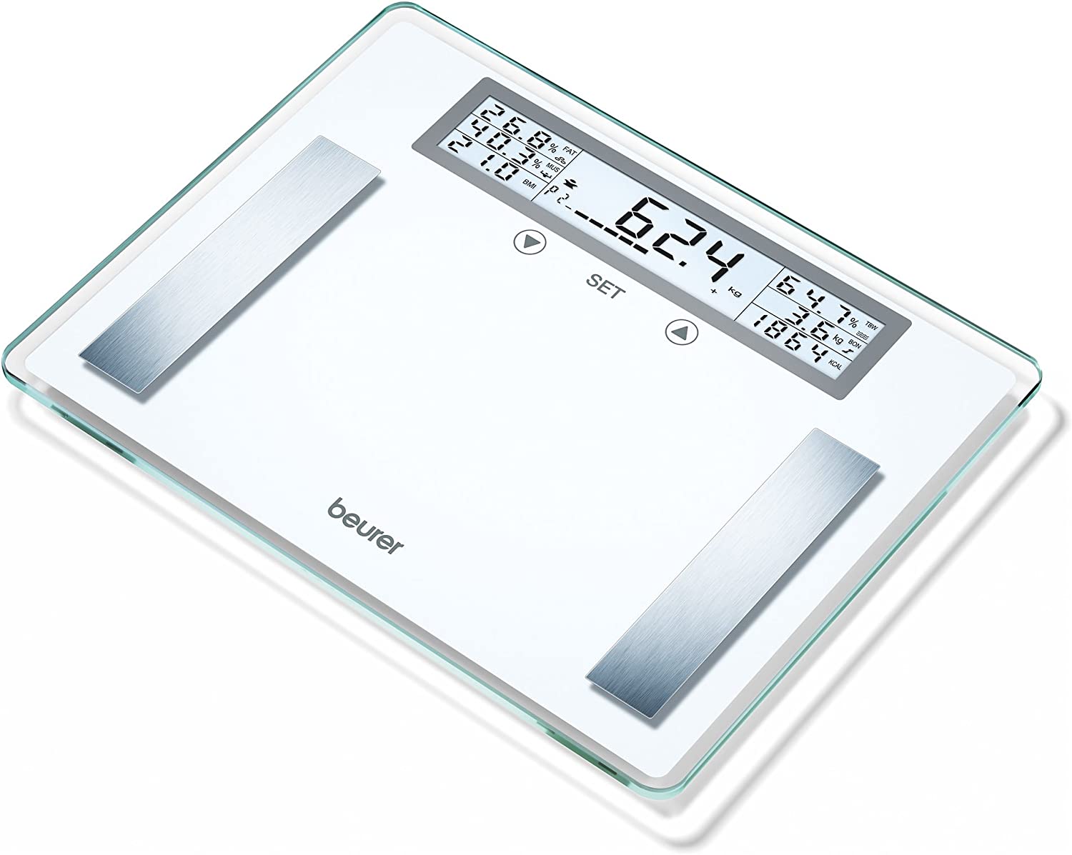Beurer BG 51 Diagnostic Scales (XXL Glass Scales up to 200 kg Load Capacity, 100 g Division, Display of Body Weight, Fat, Water Muscle Percentage, Bone Mass, BMI, Calorie Dequirements)