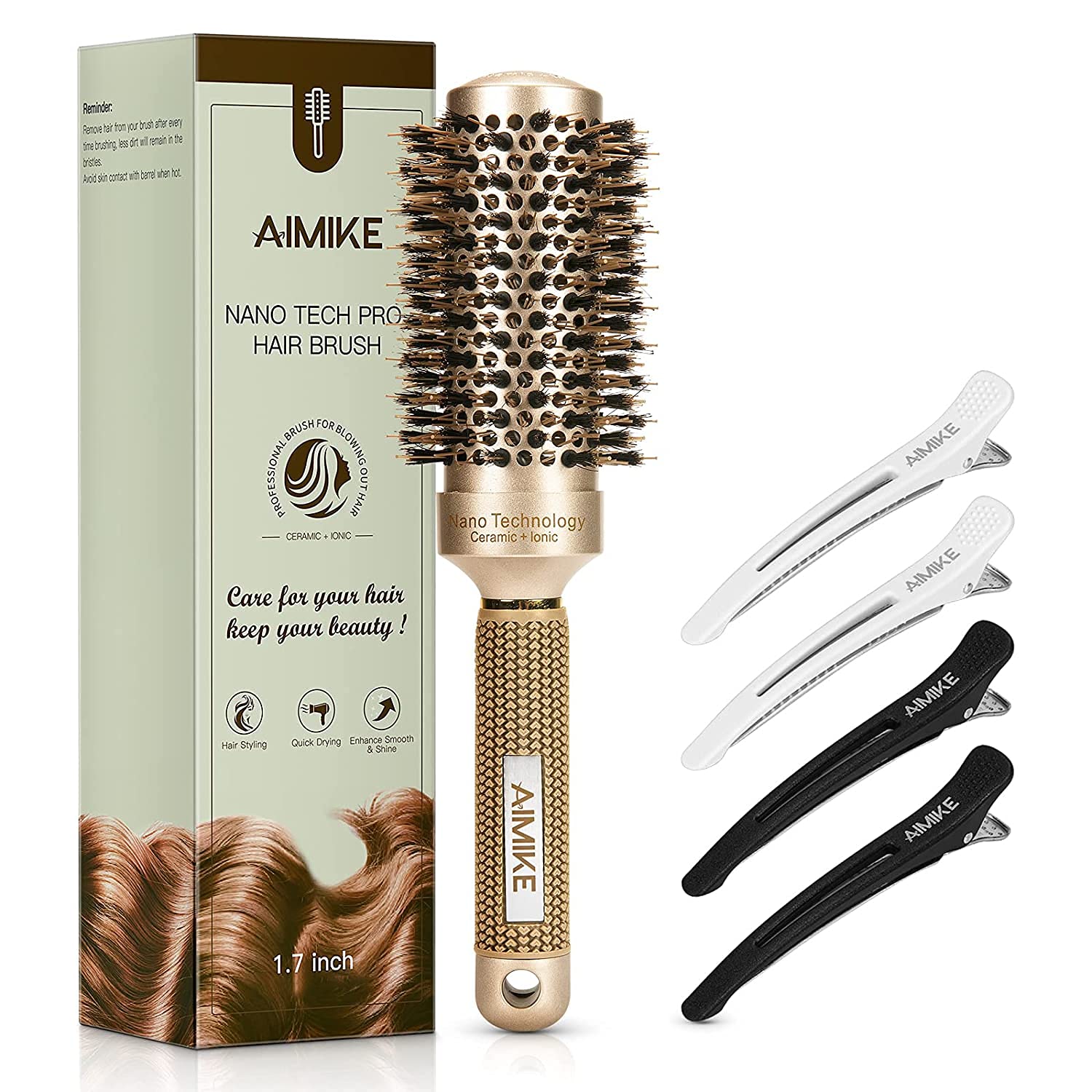 Aimike Round Brush for Blow-Drying, Round Brush Size with Boar Bristles, Nano Thermal Ceramic & Ionic Hair Brush, Professional Hair Brush Round for Styling (43 / 74 mm)