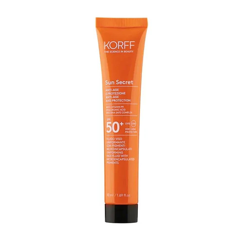 Korff Sun Secret Face Liquid with Microencapsulated Pigments SPF50+ Dark, Very High Protection, Moisturizing Effect, with DNA Safe Complex, Hyaluronic Acid and Vitamin PP, 50 ml