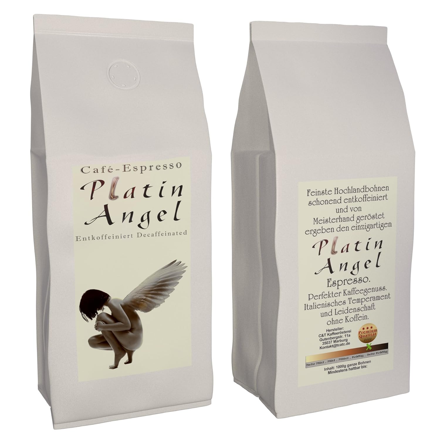 Espresso / Cafe - Coffee Beans Decaffeinated \"Platinum Angel\" (Ground, 1000 g) - Low Acid - Gentle and Freshly Roasted