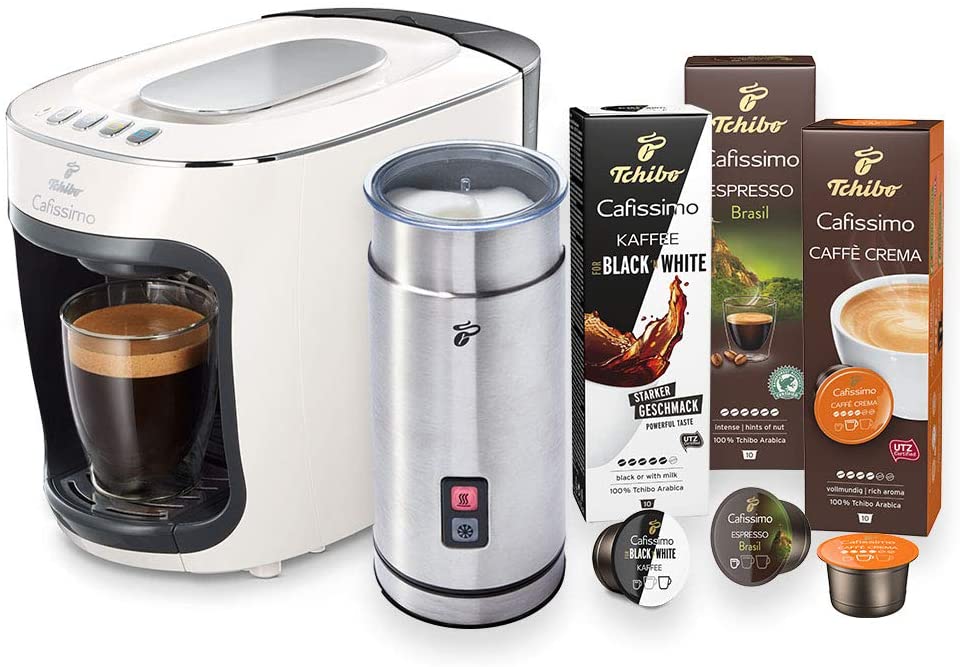 Tchibo Cafissimo Mini Coffee Machine Capsule Machine with Electric Milk Frother and 30 Capsules for Caffè Crema, Espresso, Coffee and Milk Specialities, White