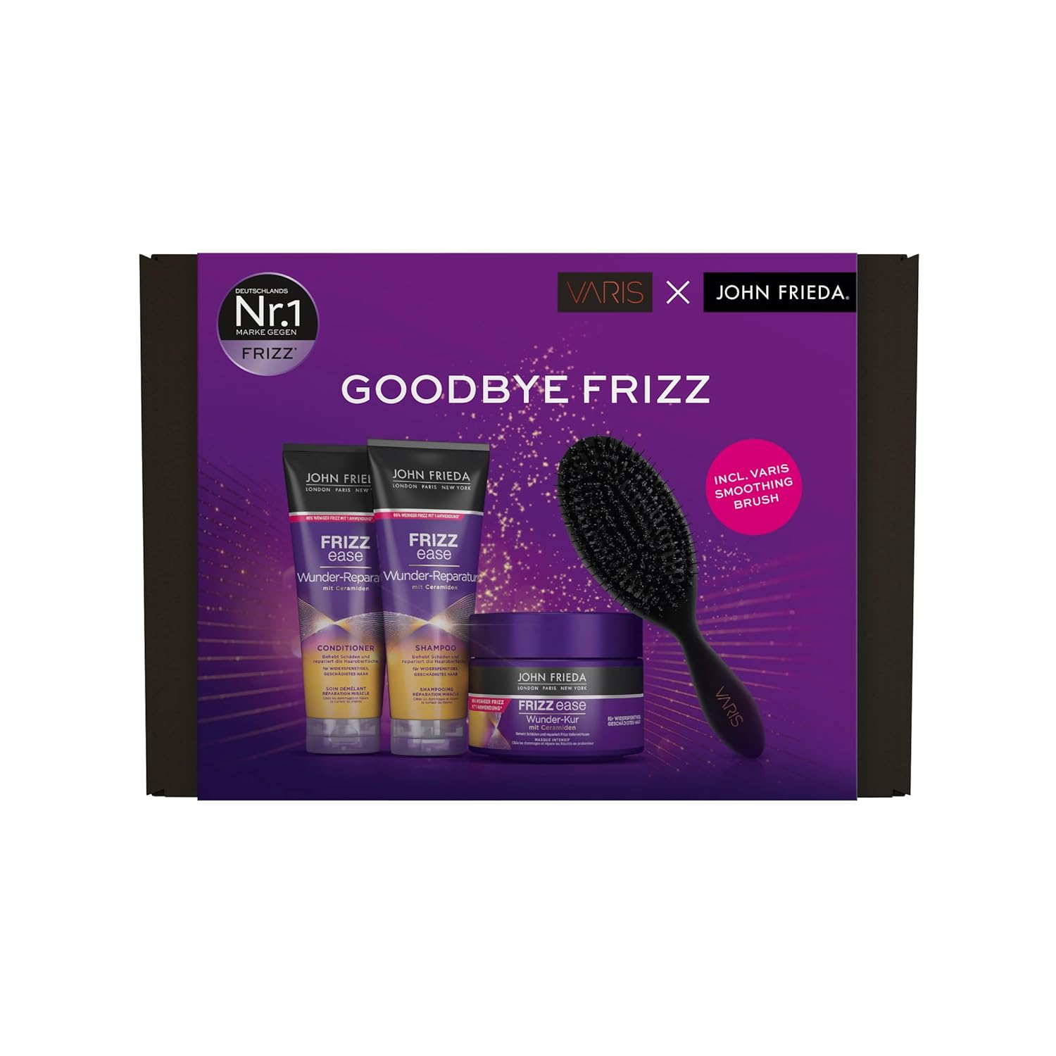 John Frieda X Varis Miracle Repair Value Set - Content: Shampoo, 250ml/Conditioner, 250ml/Miracle Treatment, 250ml/Varis Smoothing Brush Hair Brush - Frizz Ease Series - Stylist -Inspireded