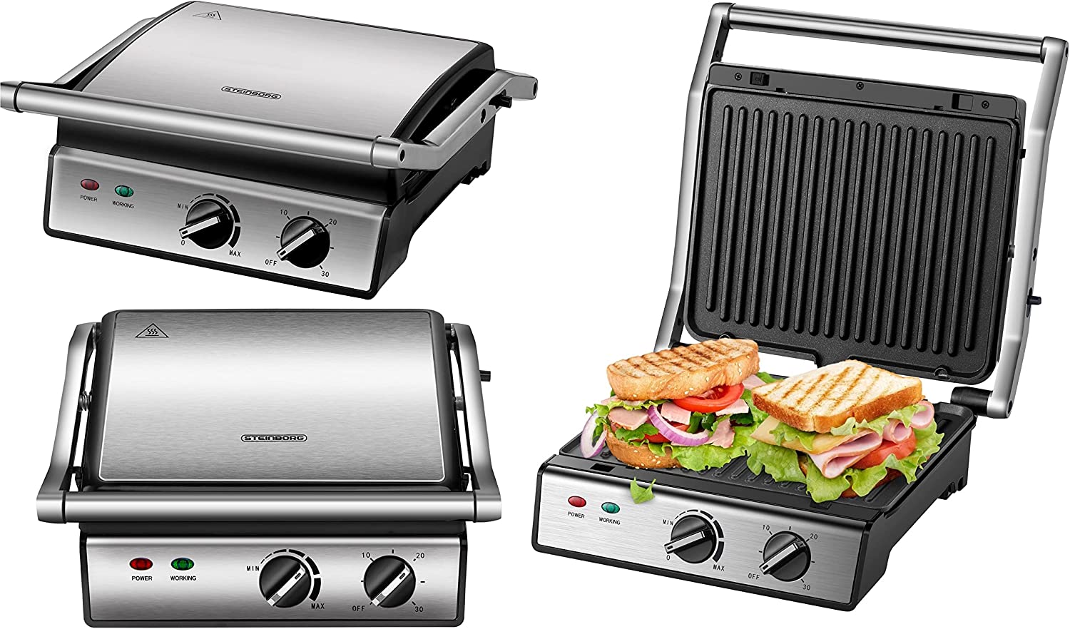 Steinborg XXL contact grill, timer, panini grill, sandwich toaster, electric table grill, 180° opening, grill, non-stick coating, thermostat, cool touch technology, grease drip tray