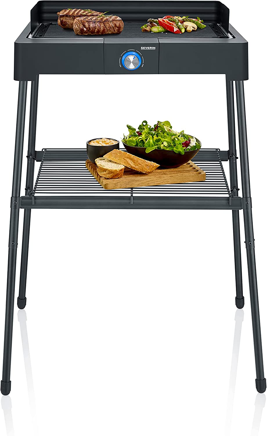 Severin PG 8568 Standing Grill with Aluminum Grill Plate and Stand Frame With Storage Grill, Electric Grill with Quick Grill Start, Balcony Grill Without Risk of Burning, Black