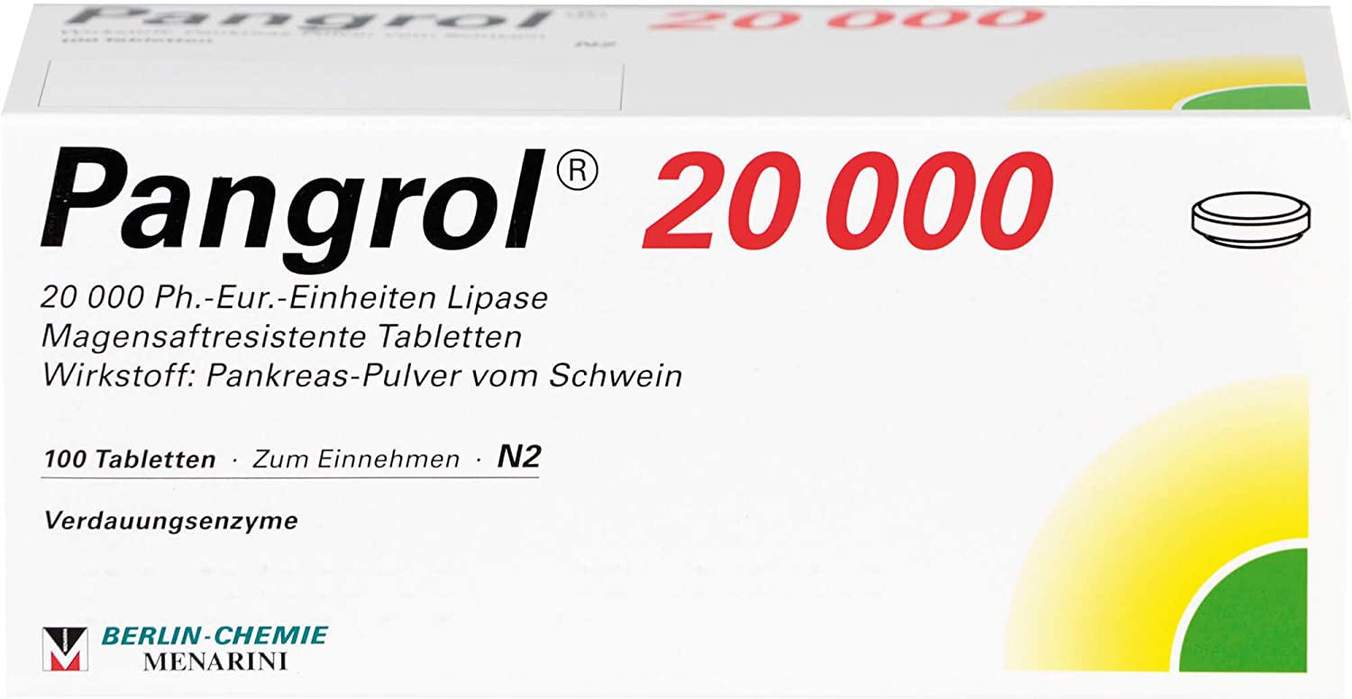 BERLIN-CHEMIE Pangrol 20000 Film-Coated Tablets Digestive Enzymes Pack of 100 Tablets