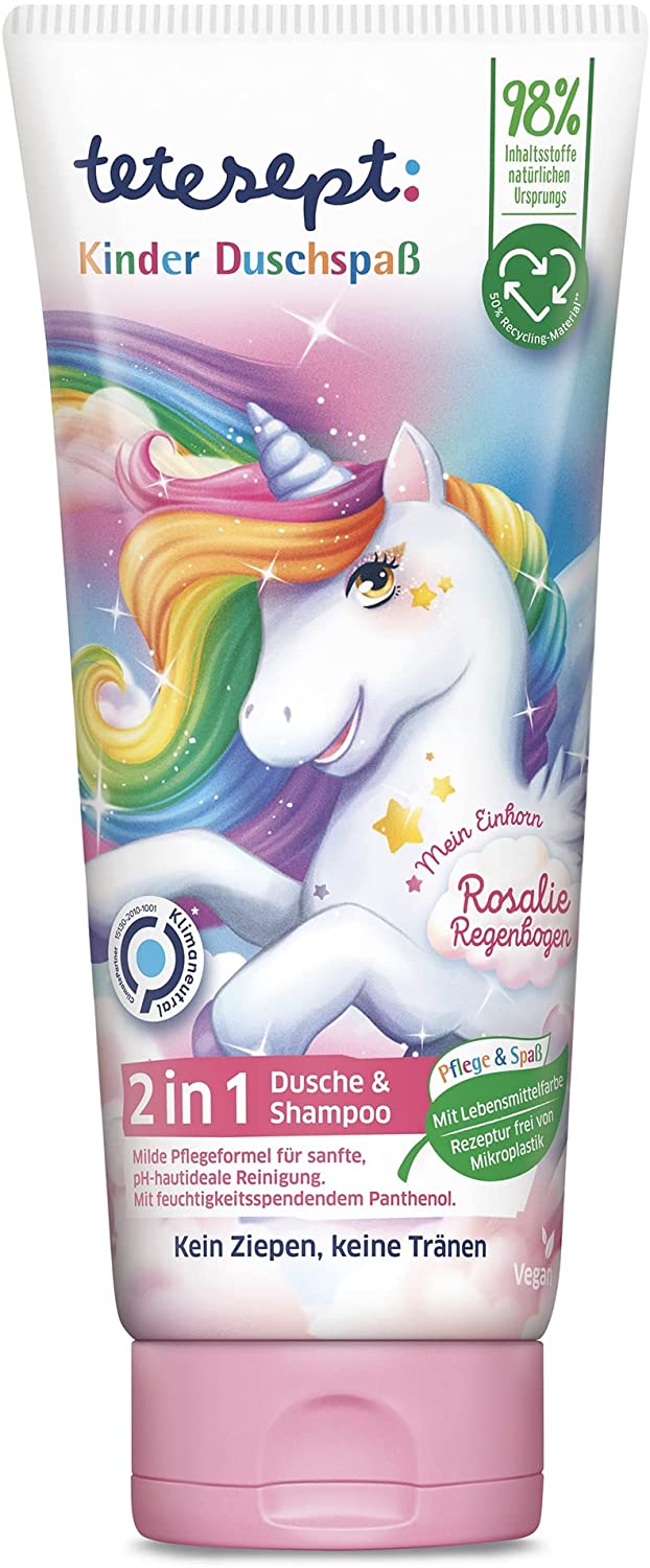 tetesept 2 in 1 Children\'s Shampoo and Shower Gel My Unicorn - pH Skin-Neutral Children\'s Shower Gel with Panthenol - Care and Fun with Rosalie Rainbow, No Pulling, No Tears - 1 x 200 ml