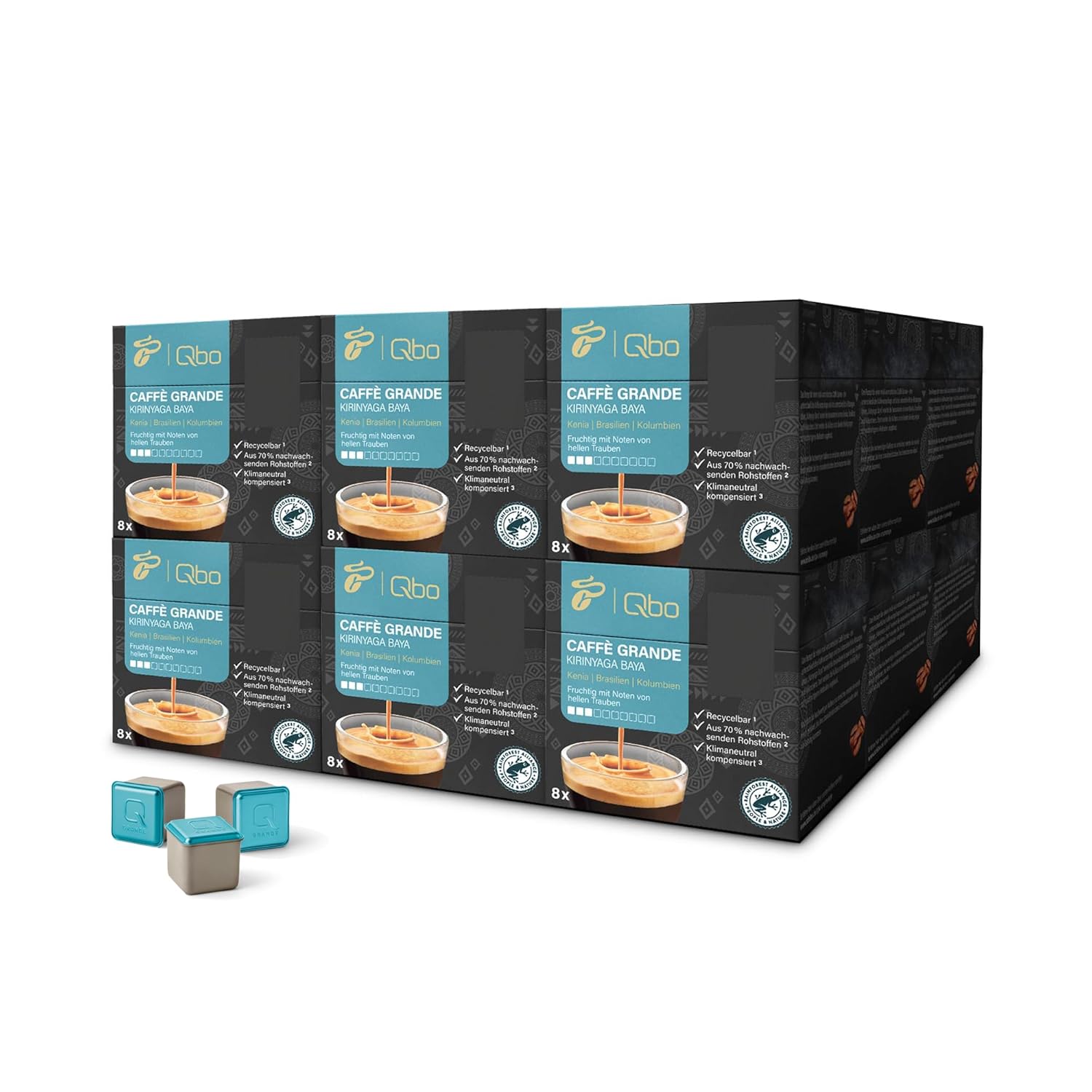 Tchibo Qbo Caffè Grande Kirinyaga Baya Premium Coffee Capsules, Pack of 144 - 18 x 8 Capsules (Caffè Grande, Intensity 3/10, Fruity), Sustainable, Made from 70% Renewable Raw Materials